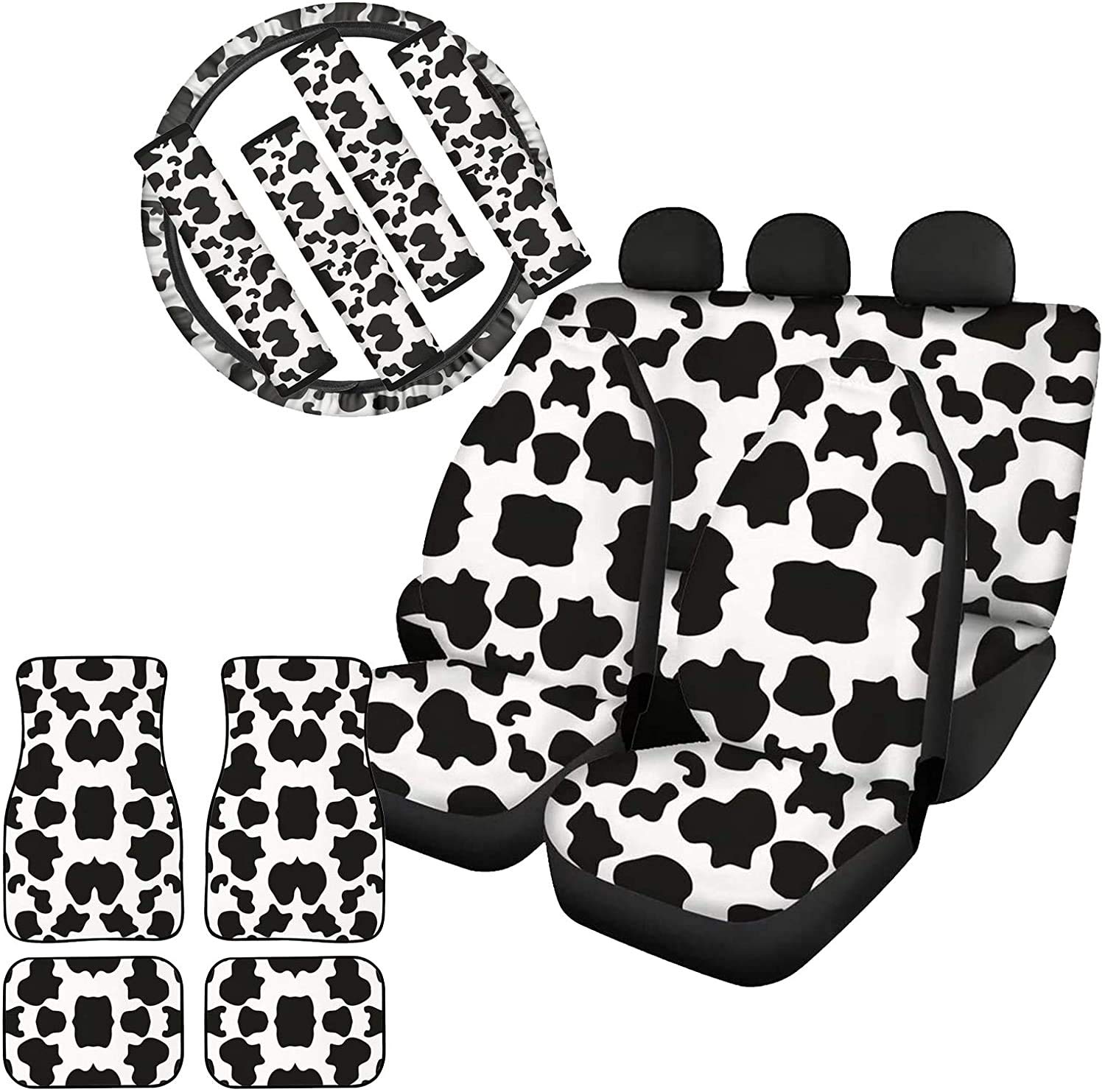 Advocator Cow Print Car Seat Covers Full Set - 13-Piece Front & Back Seat Protectors with Floor Mats, Steering Wheel Cover, and Seatbelt Pads | Black & White Design | Perfect for Jeep, SUV, and Truck Interior Protection