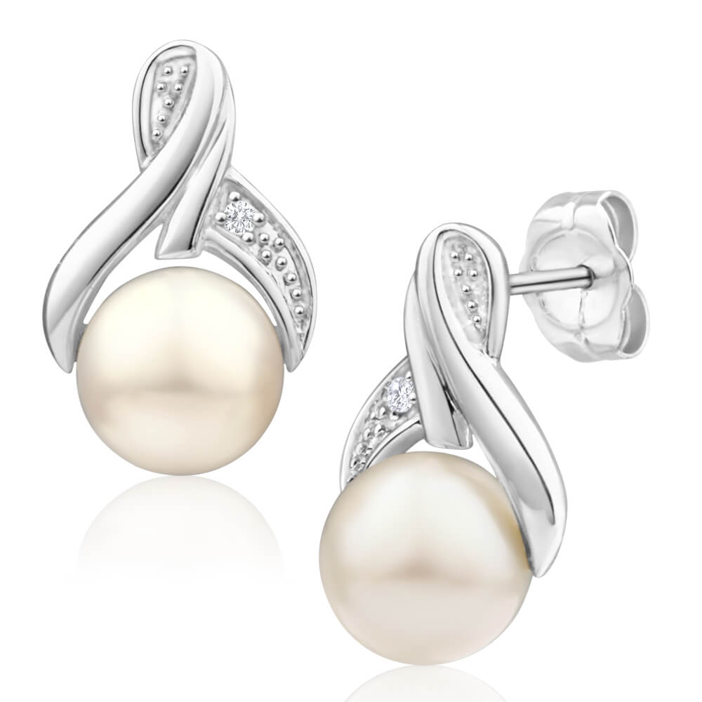 9ct White Gold Freshwater Pearl and Diamond Stud Earrings for Women - Elegant Jewelry Gift for Wedding, Anniversary & Special Occasions