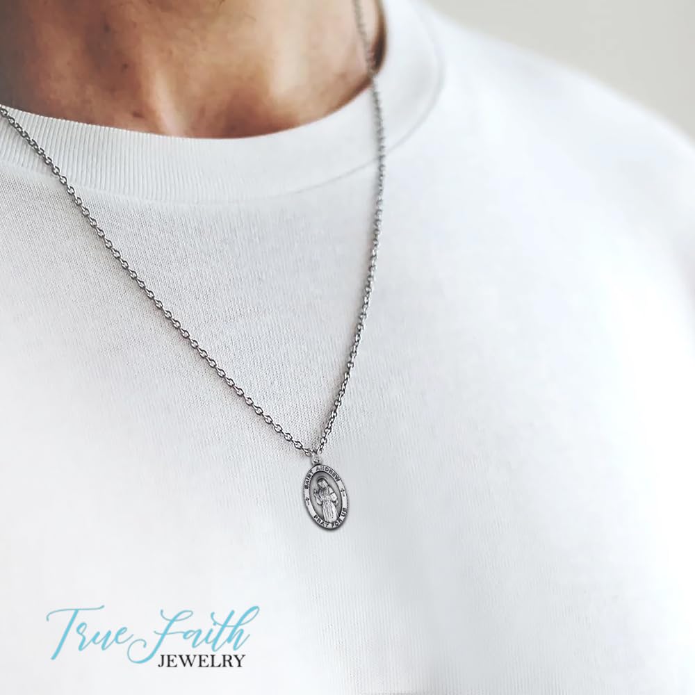 True Faith Jewelry Customizable Sterling Silver Oval Patron Medal - 7/8 Inch - Personalized Religious Jewelry for Baptism, First Communion & Spiritual Gifts