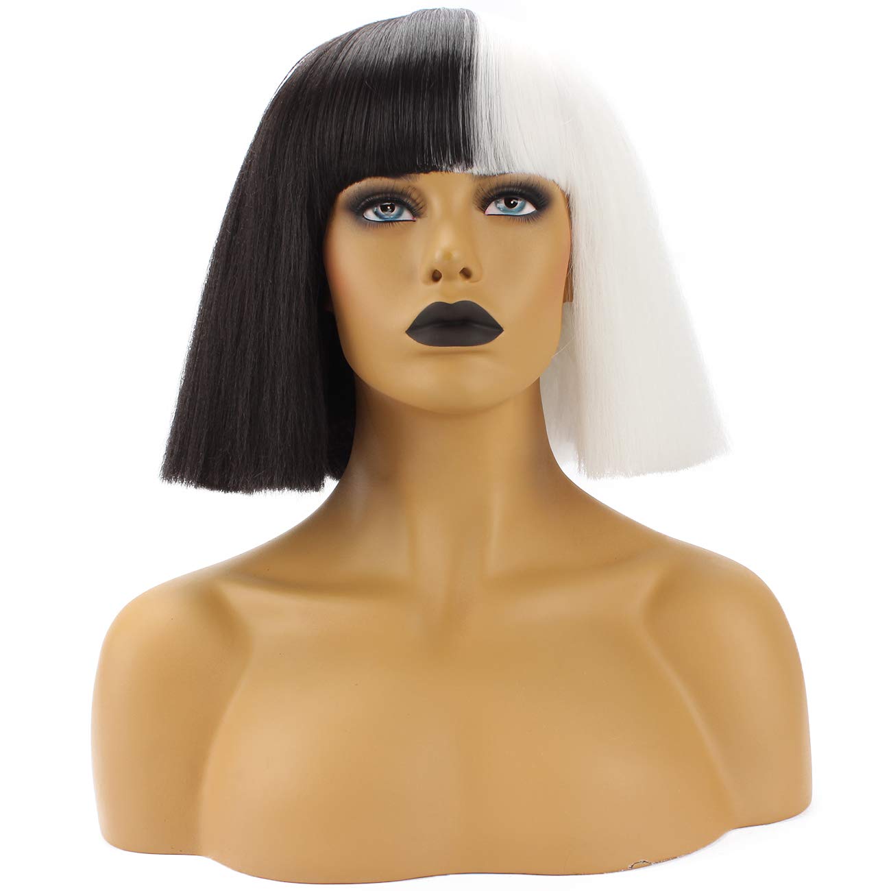 Halloween Wigs for Women - Short Bob Kinky Straight Synthetic Wig with Full Bangs in Black & White | Perfect for Cosplay, Costume Parties & Halloween Events