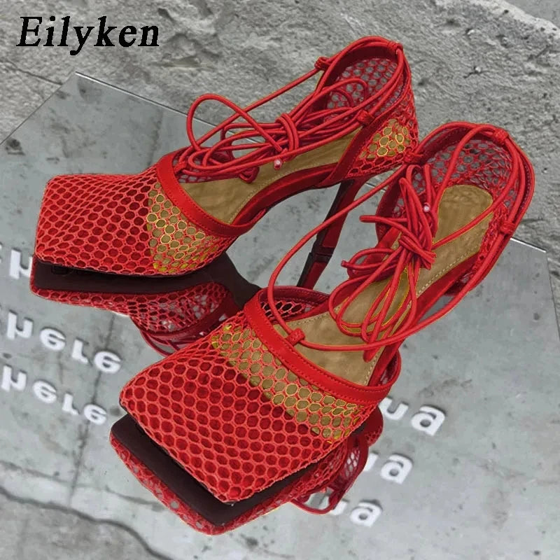 Eilyken Women's Sexy Mesh Pumps Sandals - Square Toe High Heel Lace-Up Cross Tied Stiletto Dress Shoes for Women | Perfect for Evening Parties, Date Nights & Special Occasions