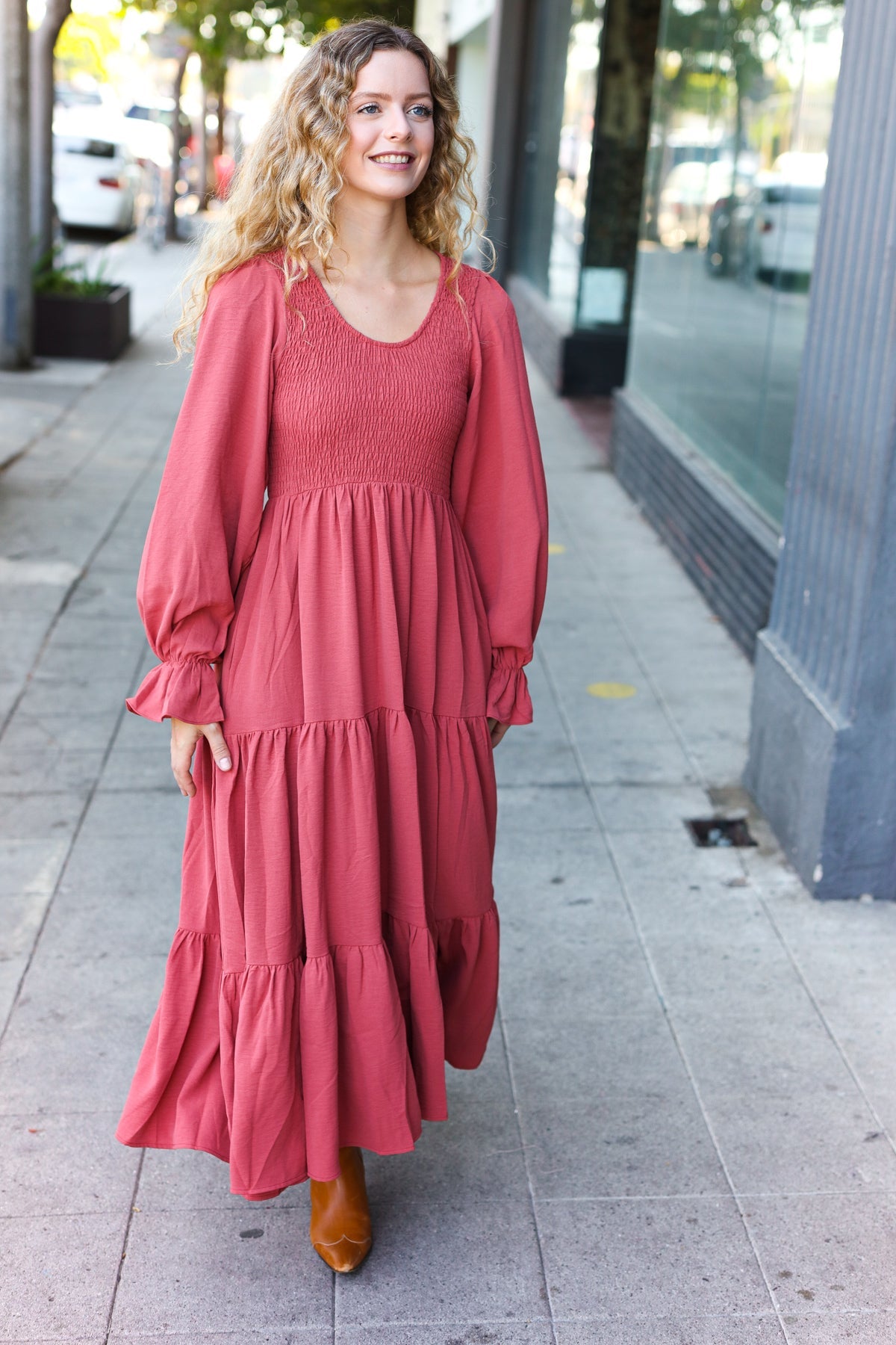 Beautiful You Lock Eyes Marsala Smocked Ruffle Sleeve Maxi Dress - Elegant Women's Long Dress for Weddings, Parties & Special Occasions