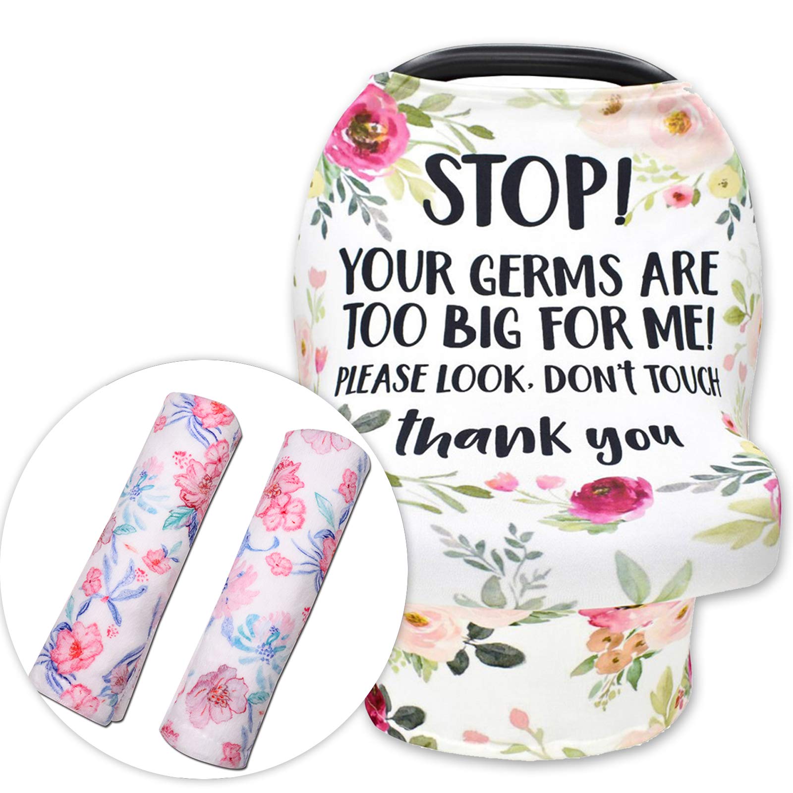 Baby Car Seat Cover & Shoulder Pads Set - Floral No Touching Sign Canopy, Stroller Seat Strap Covers for Newborn Girls & Boys - Nursing Scarf & Kids Seat Belt Protectors for Pushchair - Perfect for Travel, Shopping & Daily Outings