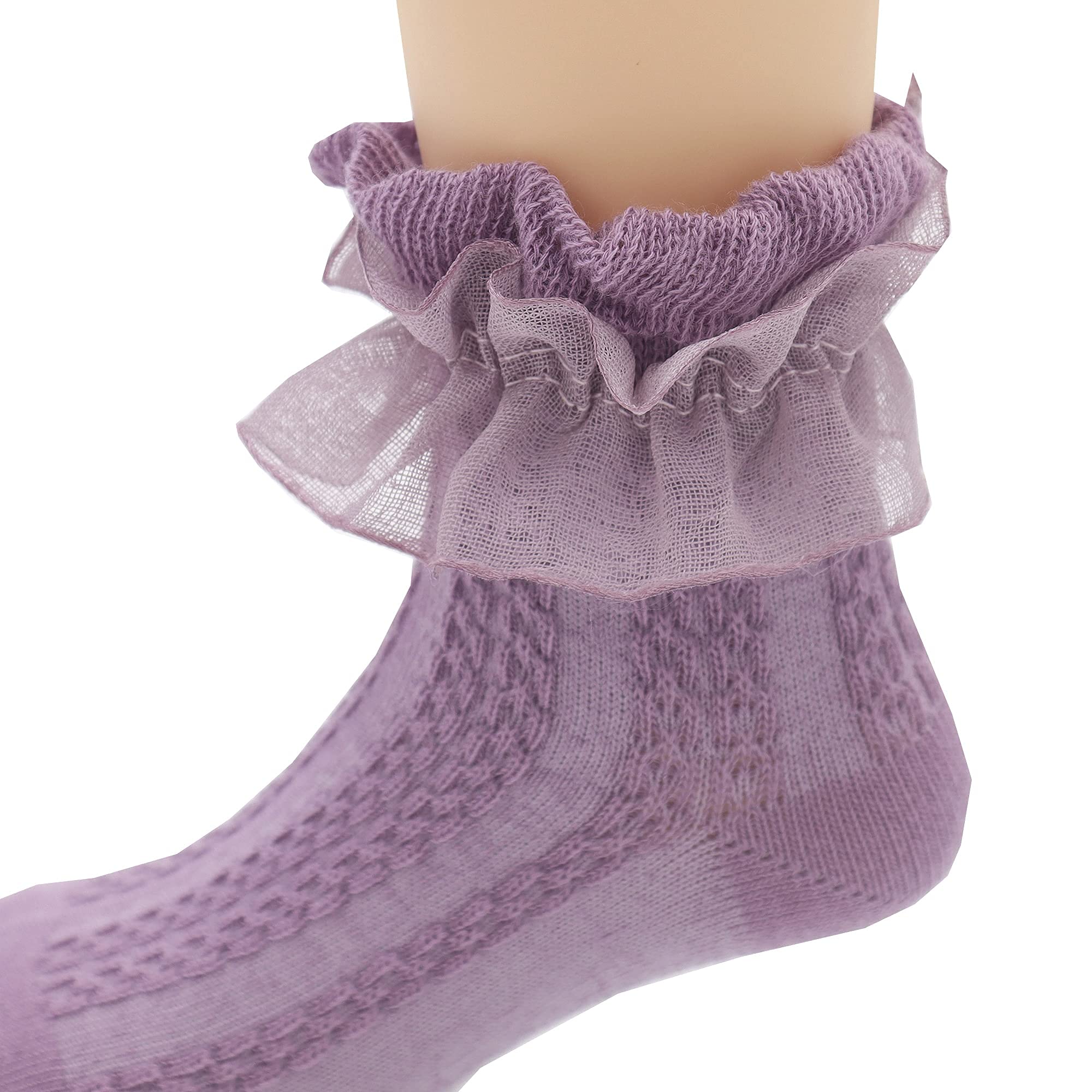 Little Girls Ruffle Lace Trim Cotton Socks - Toddler Baby Girl Eyelet Frilly Dress Socks for Party, Wedding & Special Occasions