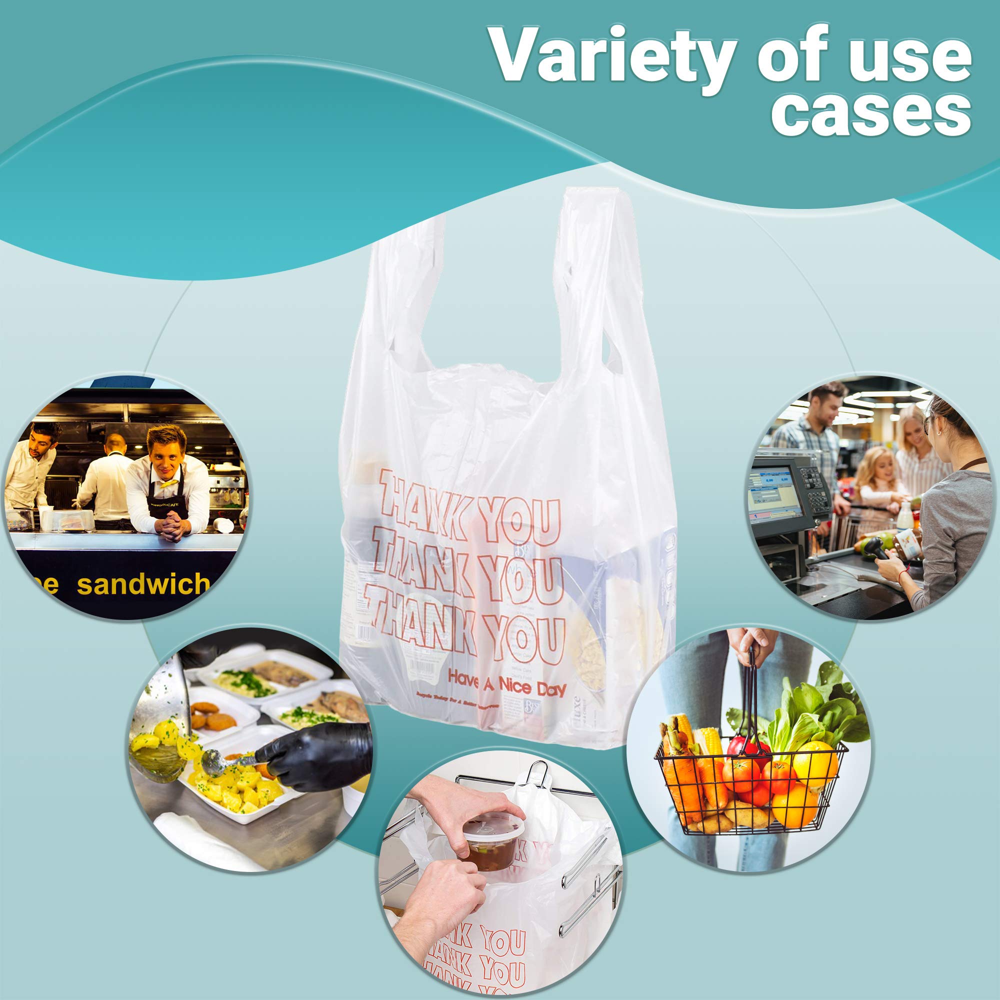 APQ 1000 Pack 12x7x23 Inch Thank You Plastic Bags - 0.65 Mil Thickness Reusable Preprinted Shopping Bags for Retail, Restaurants & Clothing Stores - Durable Carry-Out T-Shirt Bags for Groceries, Takeout & Gift Packaging