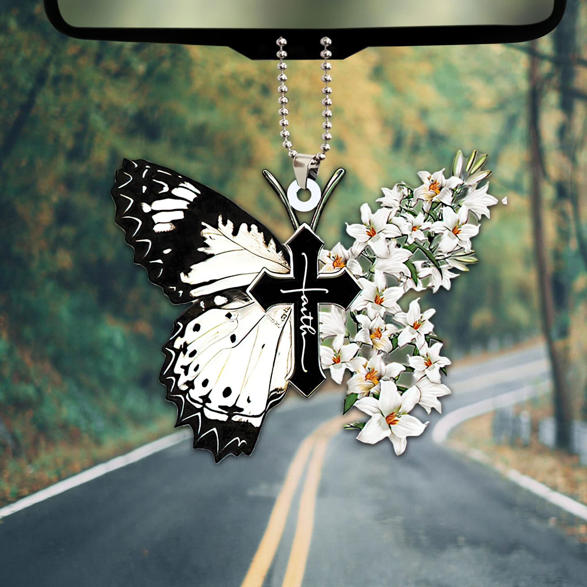 Talataca White Lily Butterfly Faith Jesus Cross Christian God 2D Flat Car Rearview Mirror Charm - Religious Car Accessory for Christian Believers, Christmas Tree Ornament & Home Decor Gift - Perfect for Vehicles, Holiday Decorations and Spiritual Gifting