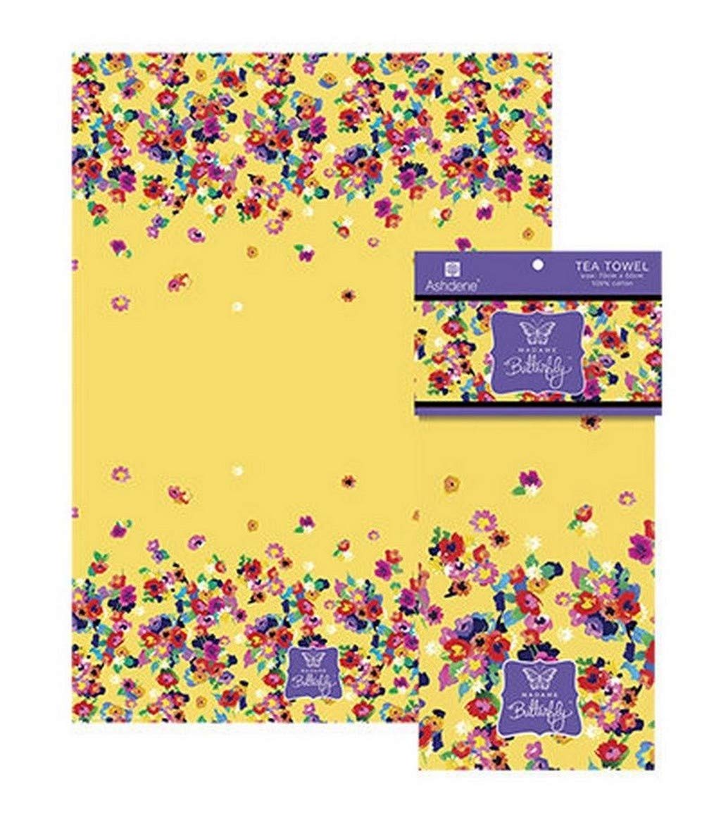 Premium Ashdene Madame Butterfly Tea Towel - Vintage Yellow Floral Dish & Kitchen Towel for Drying Dishes, Decor, and Gift Giving