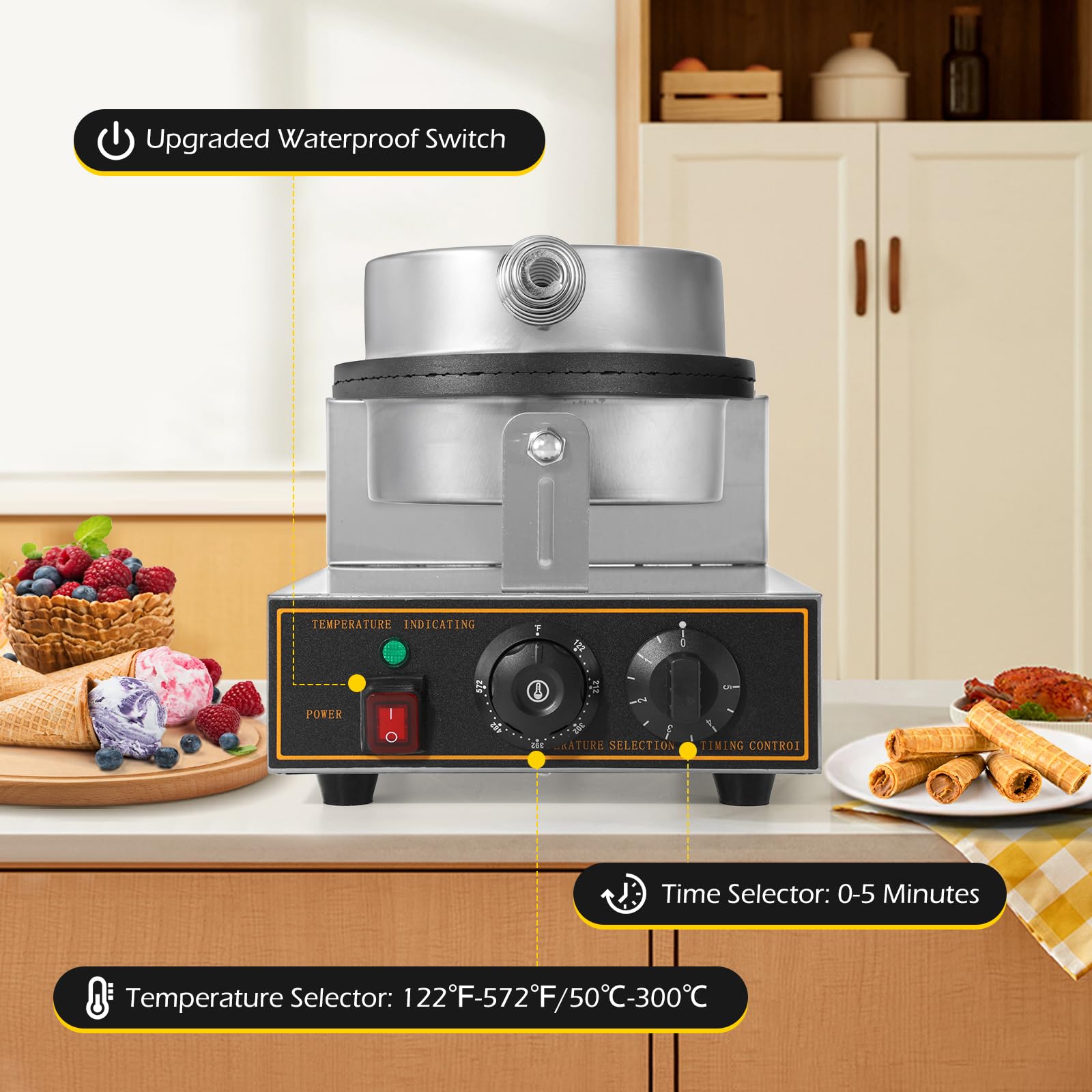 Dyna-Living Commercial Ice Cream Cone Maker – 110V Electric Waffle Cone & Bowl Machine, Stainless Steel Non-Stick Egg Roll Mold – 1200W for Home, Restaurants, Bakeries, and Ice Cream Shops
