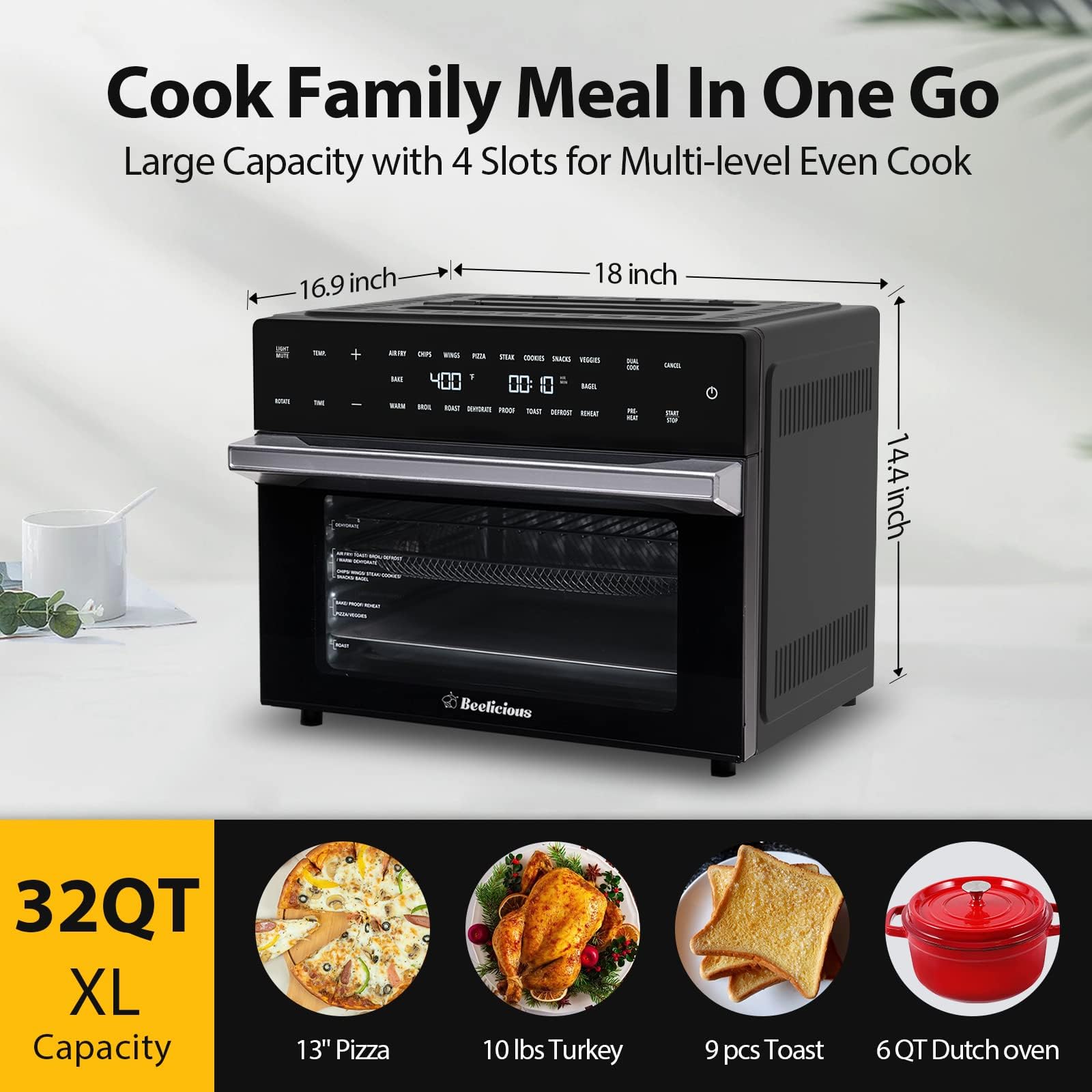 32QT Extra Large Air Fryer Toaster Oven Combo - 19-in-1 Digital Convection Countertop Oven with Rotisserie & Dehydrator, 1800W, Fits 13