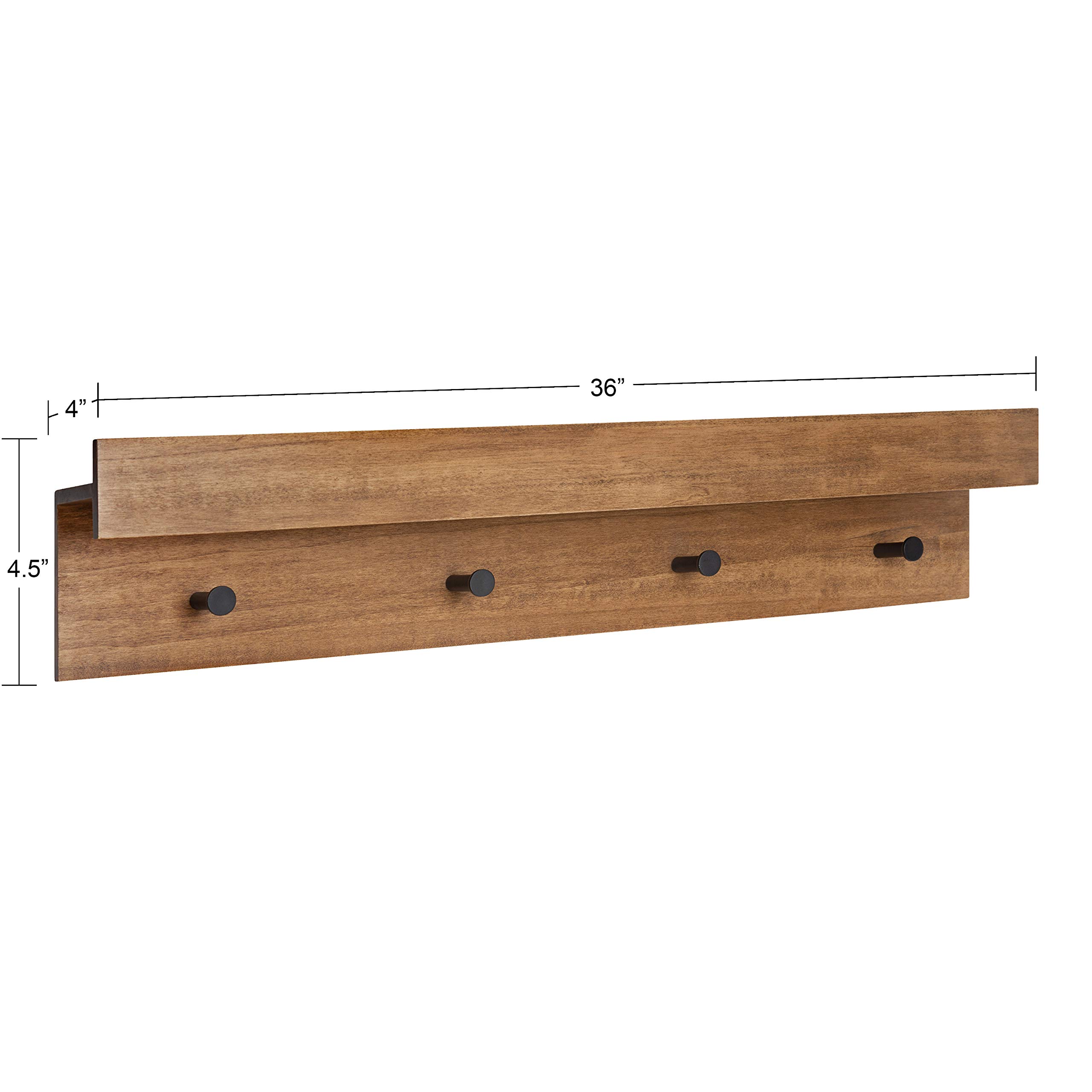 Kate & Laurel Levie Farmhouse Wall Shelf with 4 Knobs - 36 x 7.5 x 4.5 Inches - Rustic Brown & Black - Modern Entryway Shelf with Coat Hooks for Hanging Jackets, Hats & Bags - Perfect for Farmhouse, Rustic & Modern Home Decor