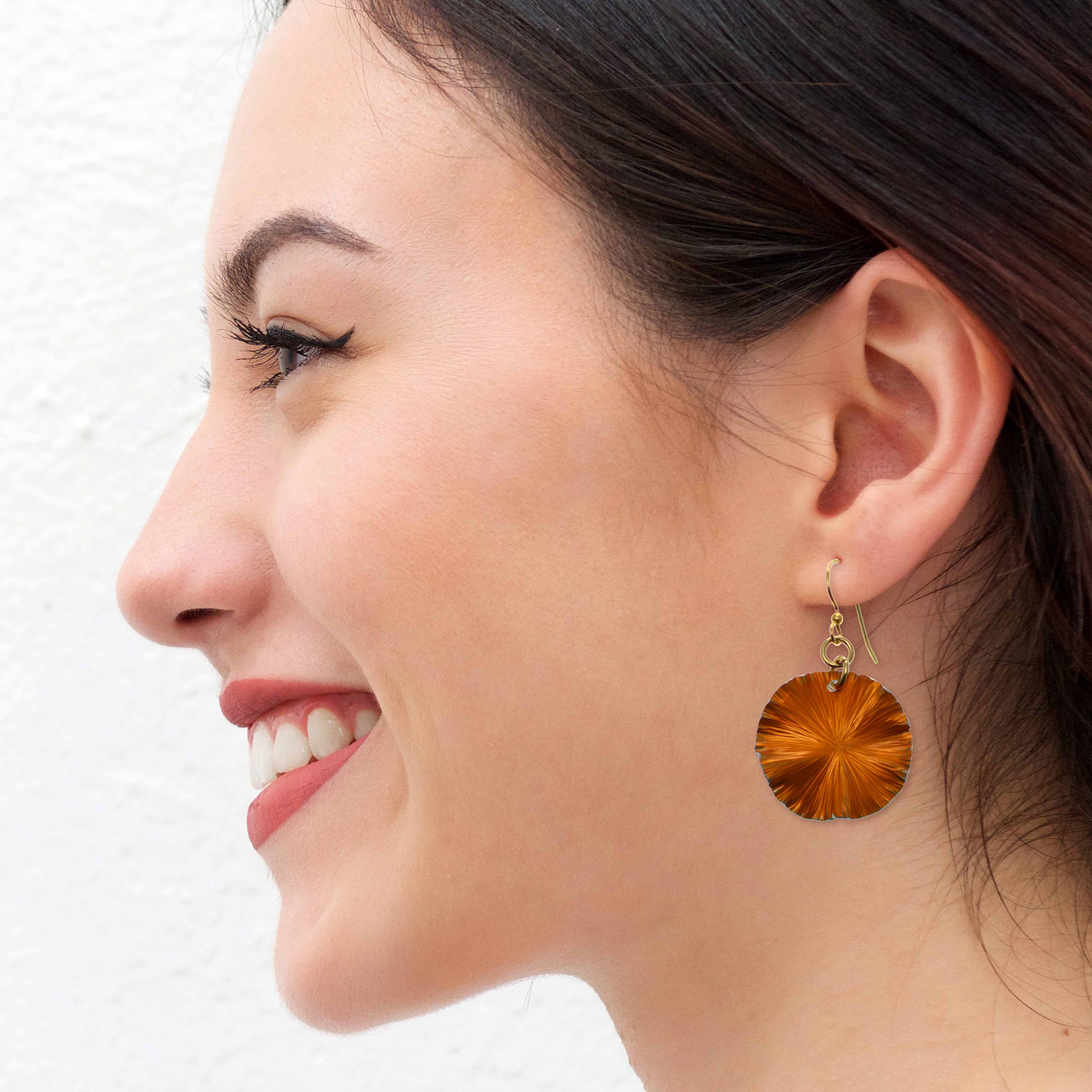 Small Orange Anodized Aluminum Lily Pad Earrings - Lightweight Dangle Earrings for Women, Fashion Jewelry Gift for Her - Perfect for Parties, Weddings & Everyday Wear