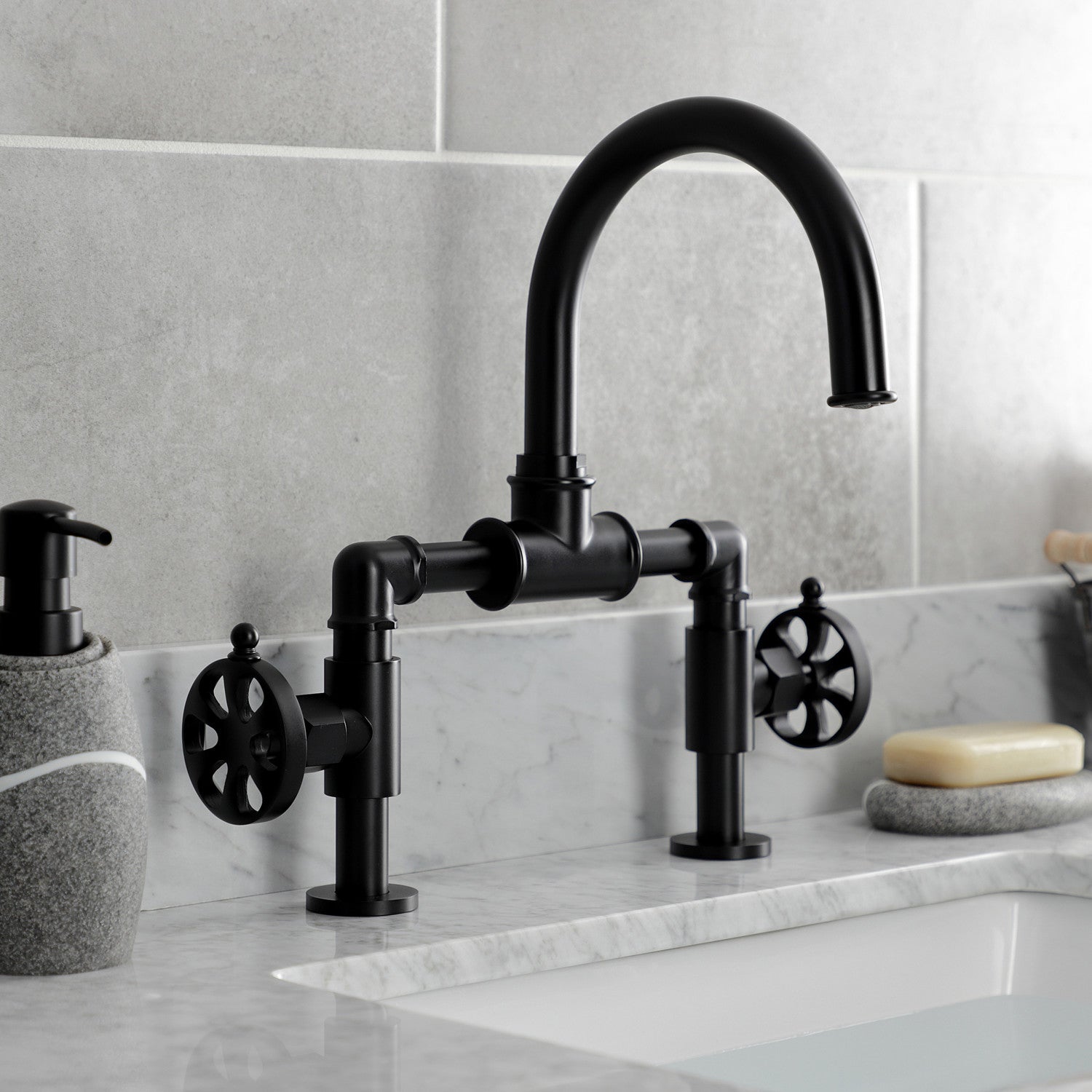 Belknap KS2170RX Matte Black 2-Handle Deck Mount Bathroom Faucet with Push Pop-Up Drain - Perfect for Modern Bathroom Vanities and Powder Rooms