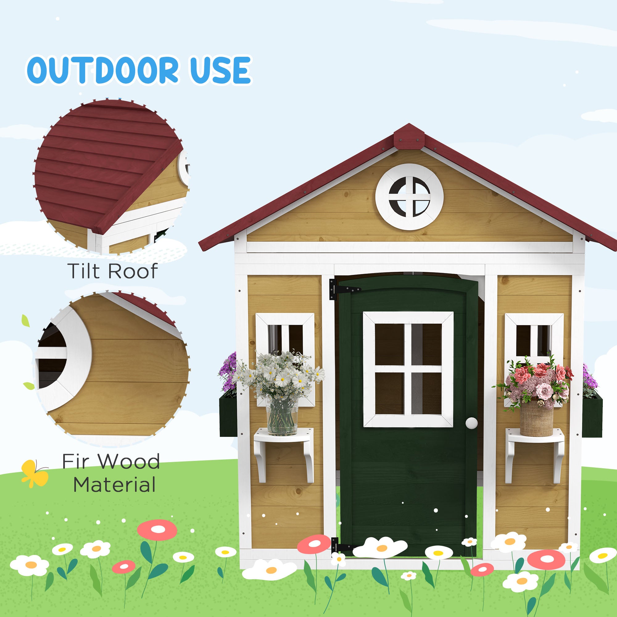 Outsunny Wooden Playhouse for Kids - Outdoor Playhouse with Door & Windows - Perfect for Backyard, Garden, and Playground Fun
