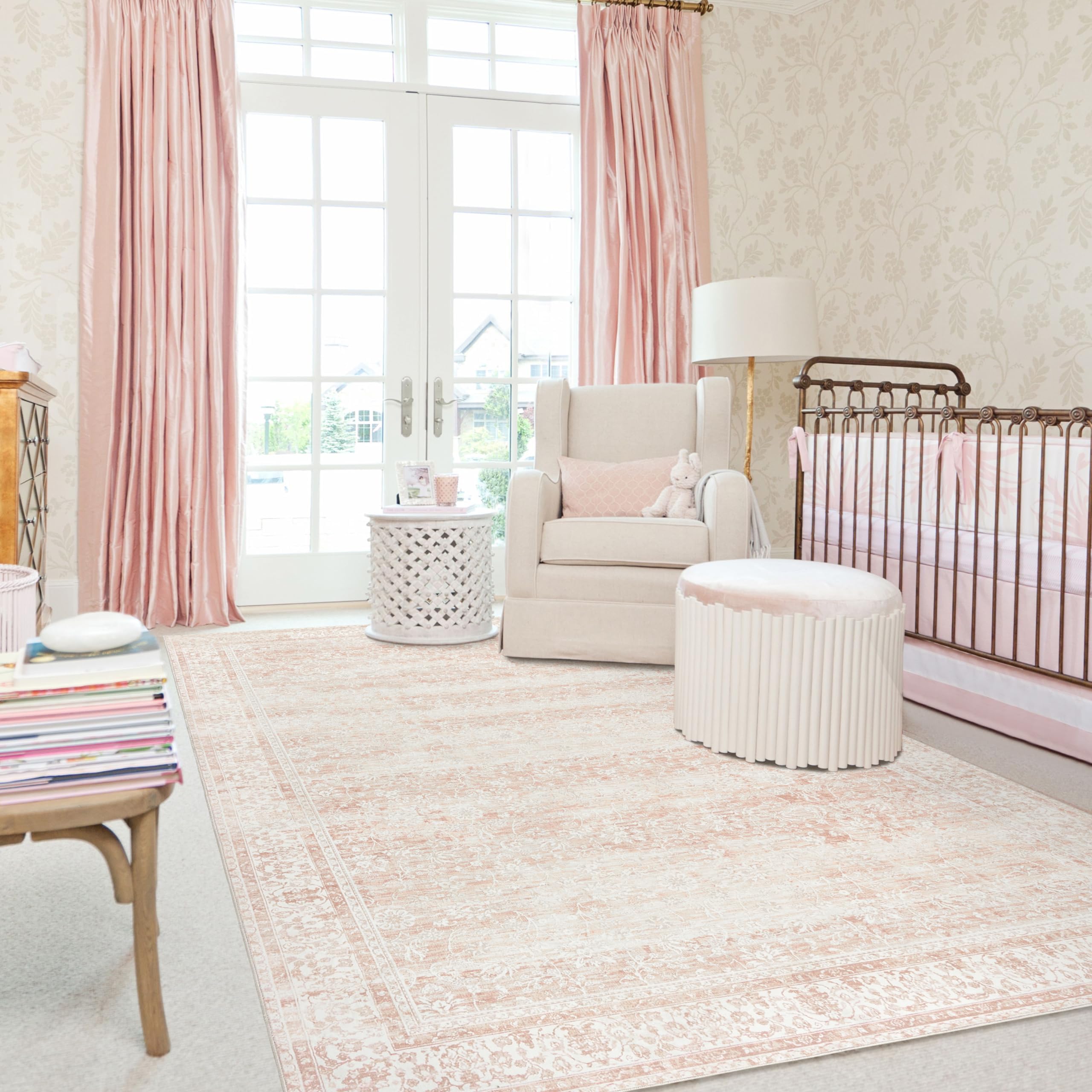 BILEEHOME 5x8 Washable Soft Faux Wool Nursery Rug - Neutral Blush Pink Boho Floral Baby Girl Rug for Living Room, Bedroom & Nursery | Perfect for Playtime, Nursery Decor & Cozy Home Accents