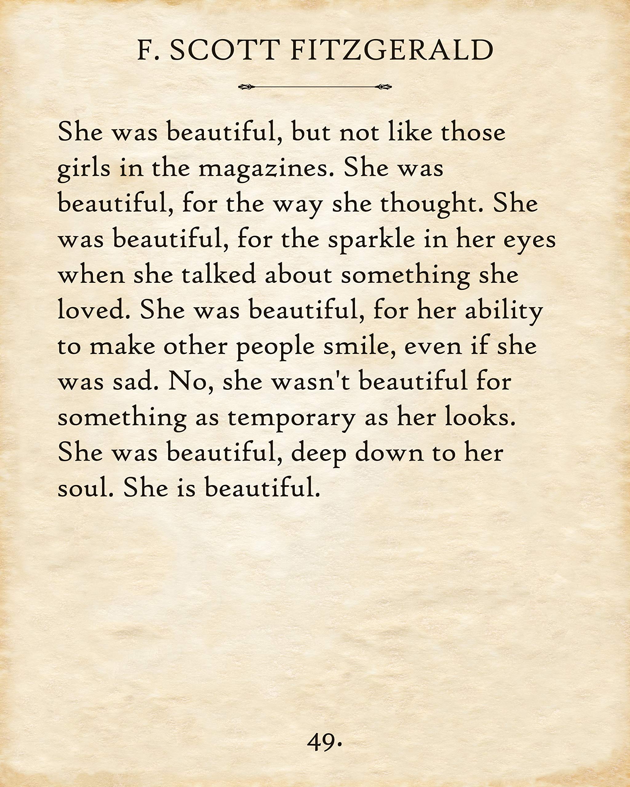 F. Scott Fitzgerald 'She Was Beautiful' Inspirational Wall Art - Vintage Book Quote Poster & Canvas Prints for Home Decor, Wedding Gifts & Book Lovers | Perfect for Living Room, Bedroom & Office Decorations