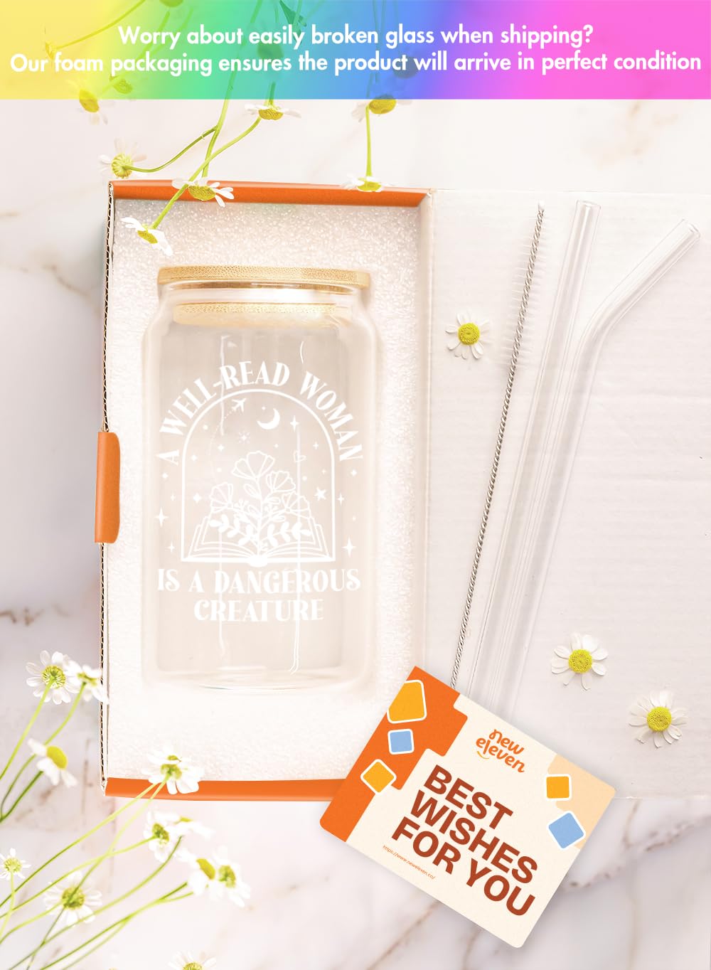 NewEleven Book Lovers Gift Set - 16 Oz Coffee Glass for Women, Librarians & Bookaholics - Perfect Birthday Gift for Her, Best Friend, or Reader - Ideal for Cozy Reading Nooks & Coffee Breaks