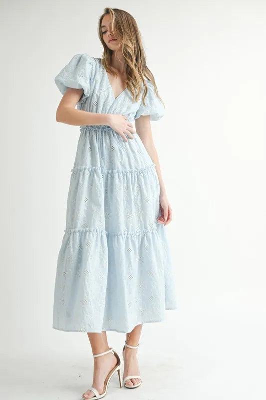 Light Blue Puff Sleeve V-Neck Midi Summer Dress - Flowy Casual Sundress for Beach, Vacation & Date Night