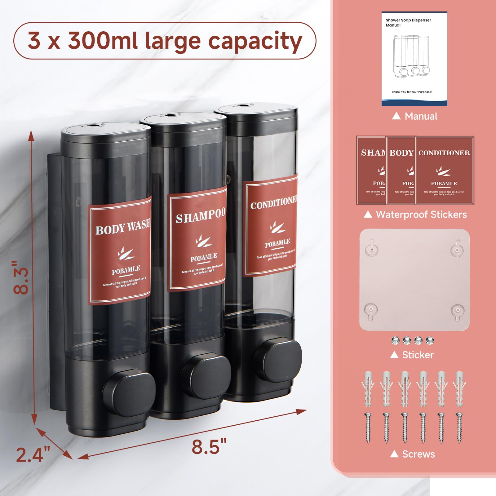 Wall Mounted 3-Chamber Shower Dispenser - No Drill Soap, Shampoo & Conditioner Holder for Bathroom - Perfect for Shower Gel, Body Wash & Hair Care Products - Ideal for Home, Gym & Spa Use
