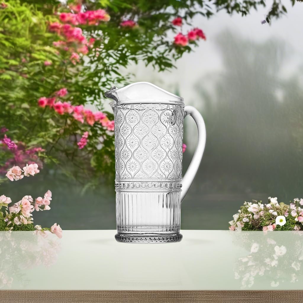 Godinger Claro 33 oz Glass Water Pitcher with Vintage Embossed Handle - Lead-Free Crystal Pitcher for Iced Tea, Lemonade, Cocktails, Juice & Milk - Perfect for Parties, Dining & Home Entertaining