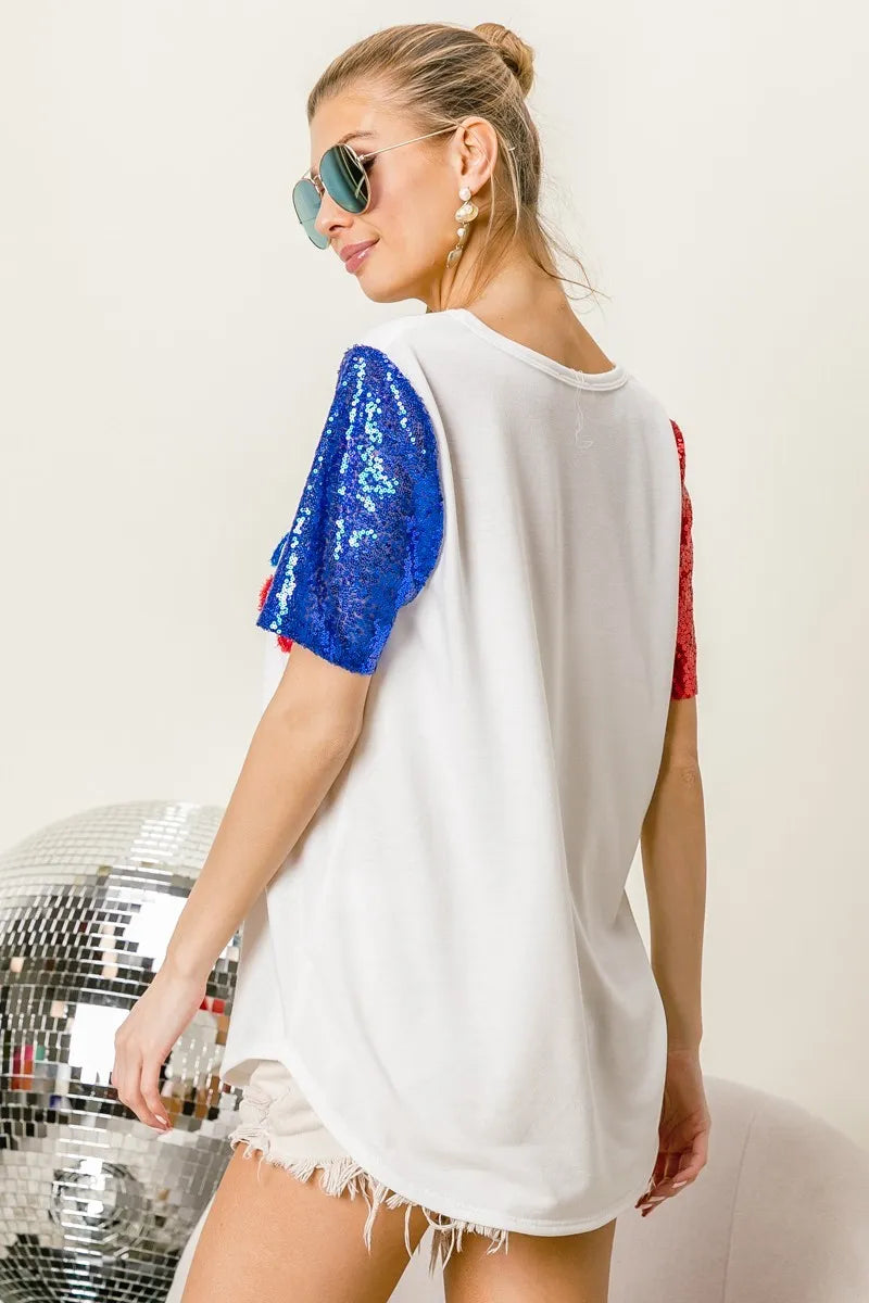 BiBi Metallic Letter V-Neck Sequin Sleeves Top for Women | Party Wear, Club Outfit, Evening Dress, Special Occasion Fashion