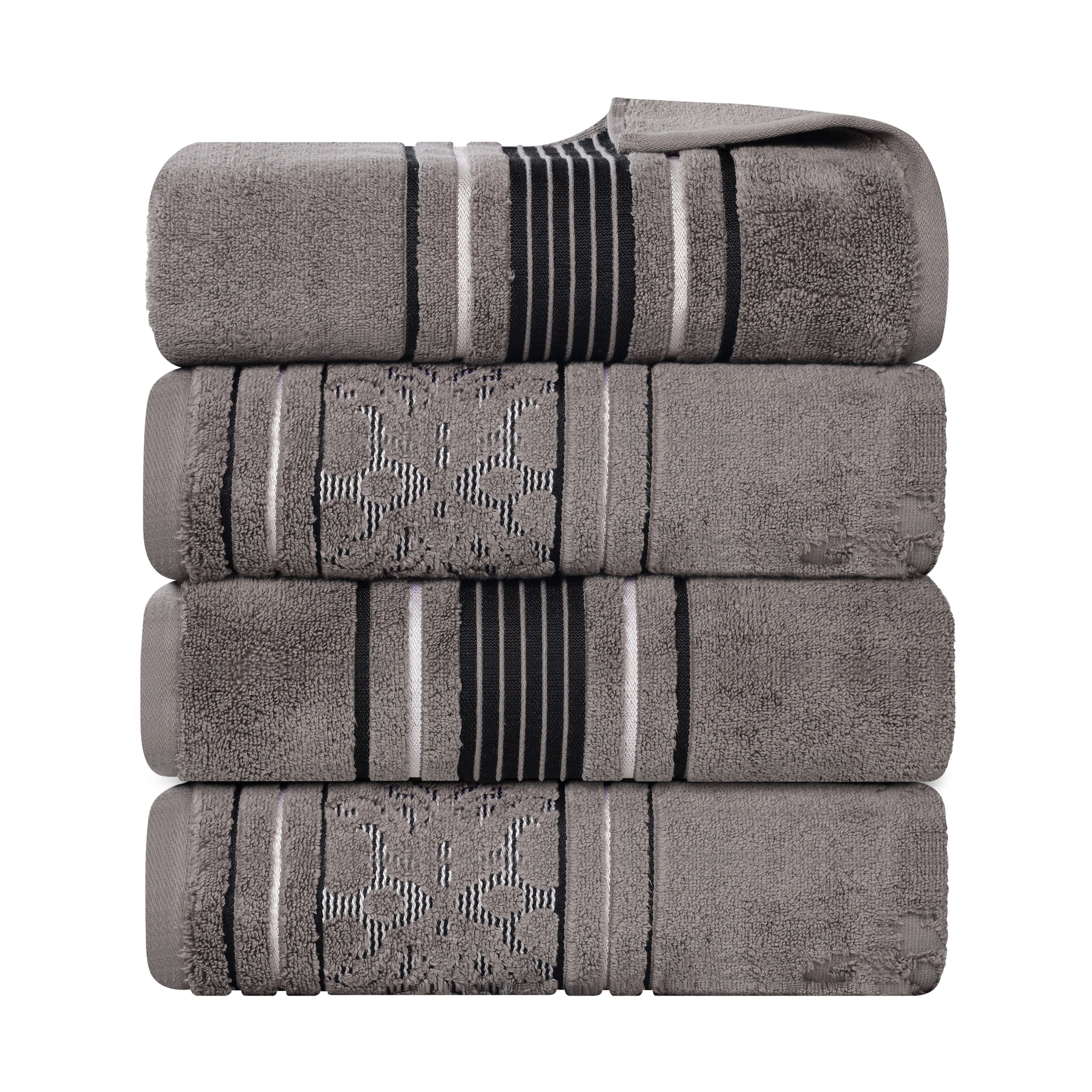 Premium 100% Zero Twist Cotton Bath Towel Set of 4 - Ultra Soft & Absorbent Solid & Jacquard Floral Design - Perfect for Spa, Bathroom & Luxury Home Decor