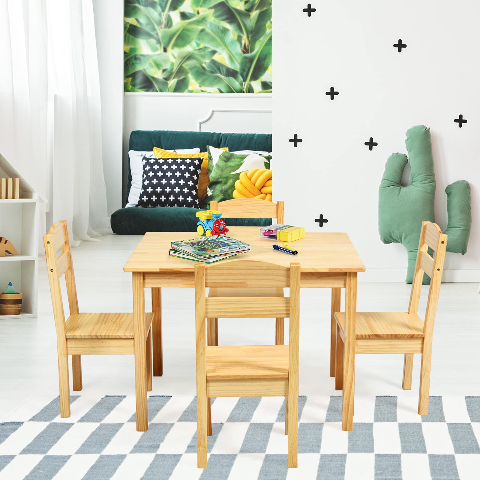 BETTARY Kids Wooden Table and Chair Set - 5 Piece Toddler Activity Furniture for Studying, Crafts, Art & Dining | Sturdy Playroom Set for Ages 2-6 | Perfect for Preschool Learning, Creative Play & Mealtime (Natural Wood)