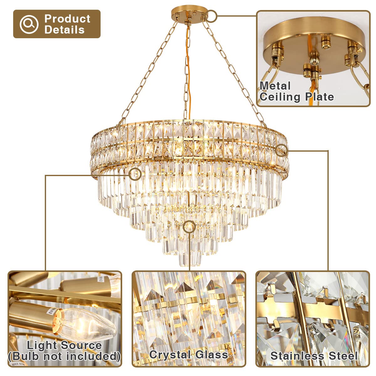 Elegant Modern Crystal Chandelier with Gold Finish - 75cm Round Pendant Light Fixture for Living Room, Dining Room & Restaurant Decor | E14 Base x 15 Lights | Perfect for Wedding Venues, Luxury Homes and Hotel Lobbies