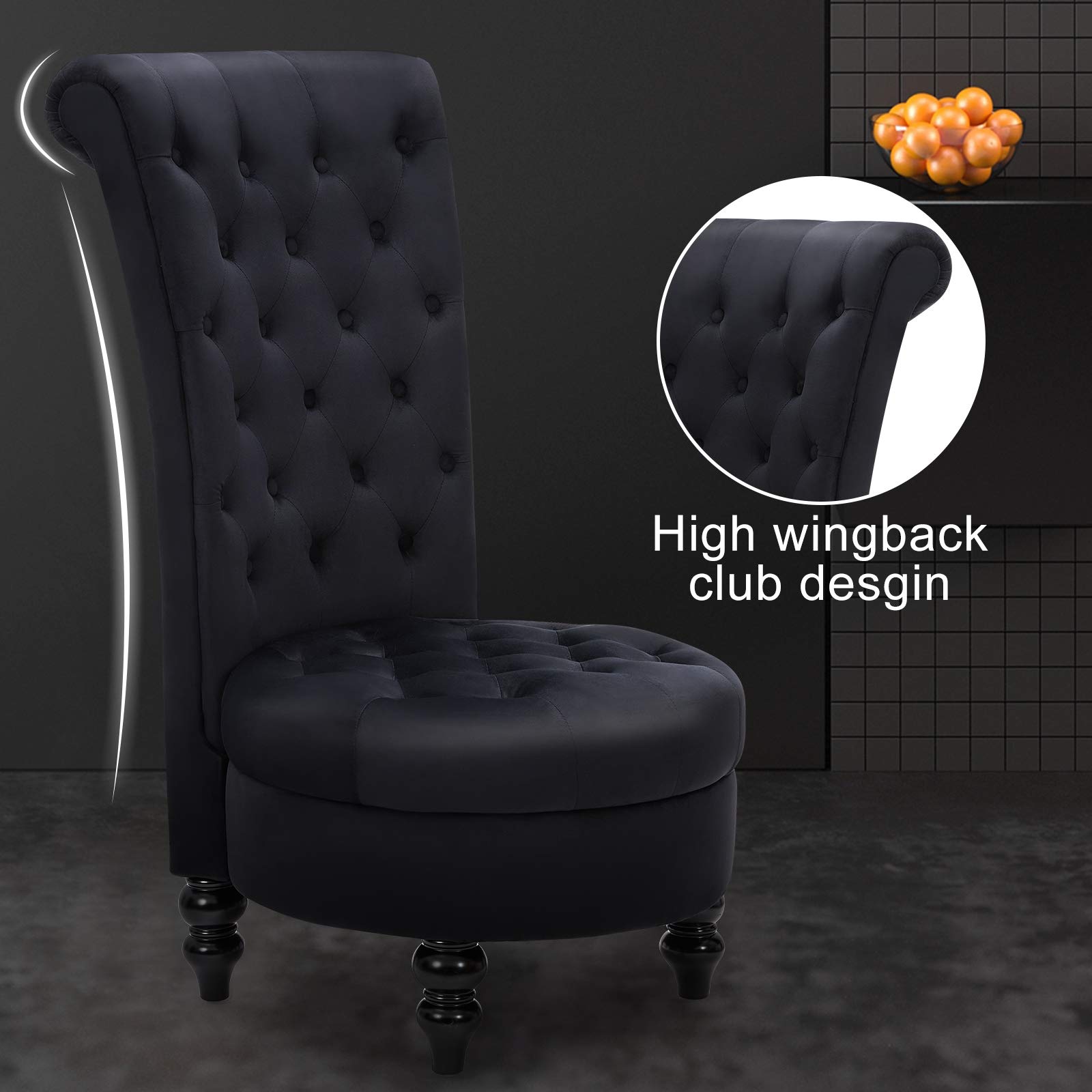 ECOTOUGE Retro High Back Accent Chair - Armless Throne Style with Button-Tufted Design for Living Room, Bedroom or Office - Elegant Black Upholstered Seating for Home Decor