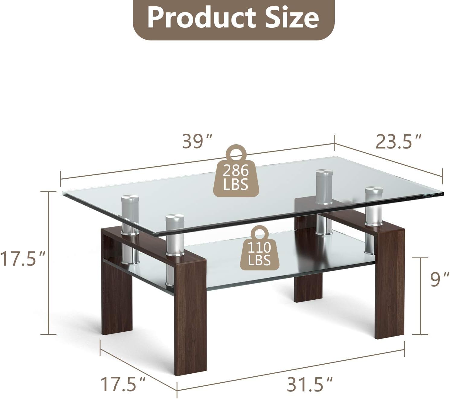 4everwinner Modern 2-Tier Rectangle Glass Coffee Table with Tube Legs & Lower Shelf - Espresso Brown Finish for Living Room, Perfect for Small Spaces, Apartments & Lounge Areas