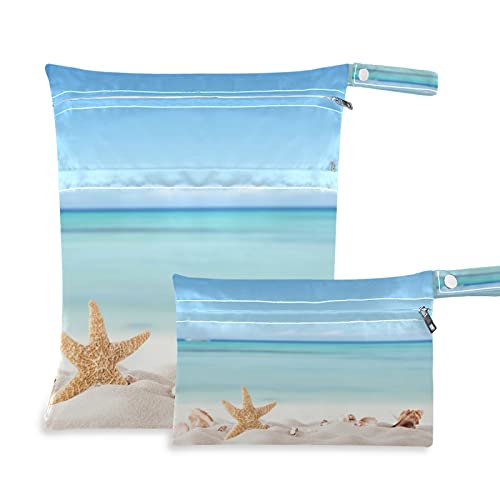 Waterproof Reusable Wet Dry Bag 2-Pack with Double Zippers - Beach Shell & Starfish Design for Swimming, Summer Camp, Diaper Storage & Travel Essentials | Perfect for Beach Trips, Pool Days & Outdoor Adventures