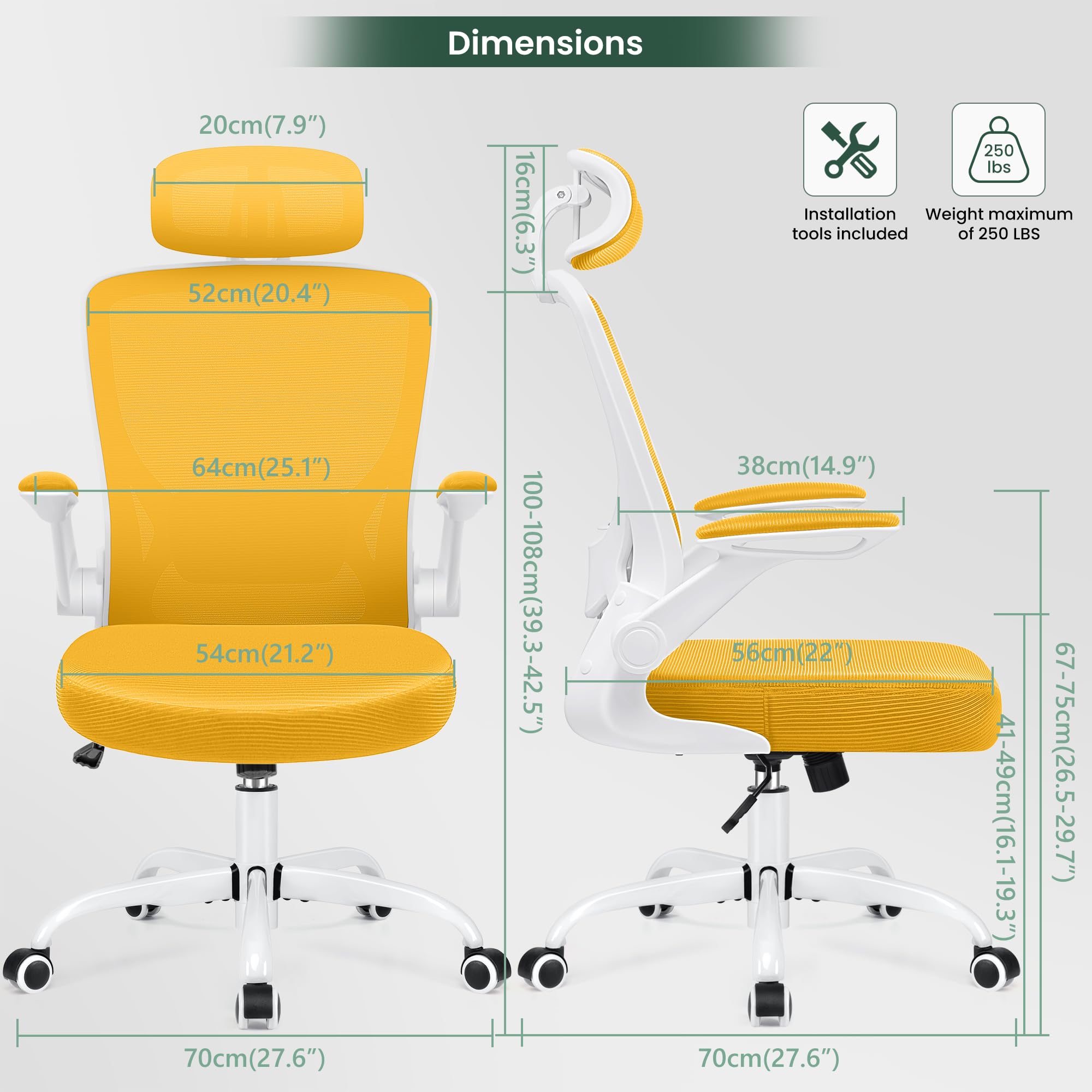 KERDOM Ergonomic Office Chair - Breathable Mesh Desk Chair with Lumbar Support, Adjustable Headrest & Flip-Up Arms - Swivel Task Chair & Height-Adjustable Gaming Chair in Yellow - Perfect for Home Office, Gaming Setup & Workspaces