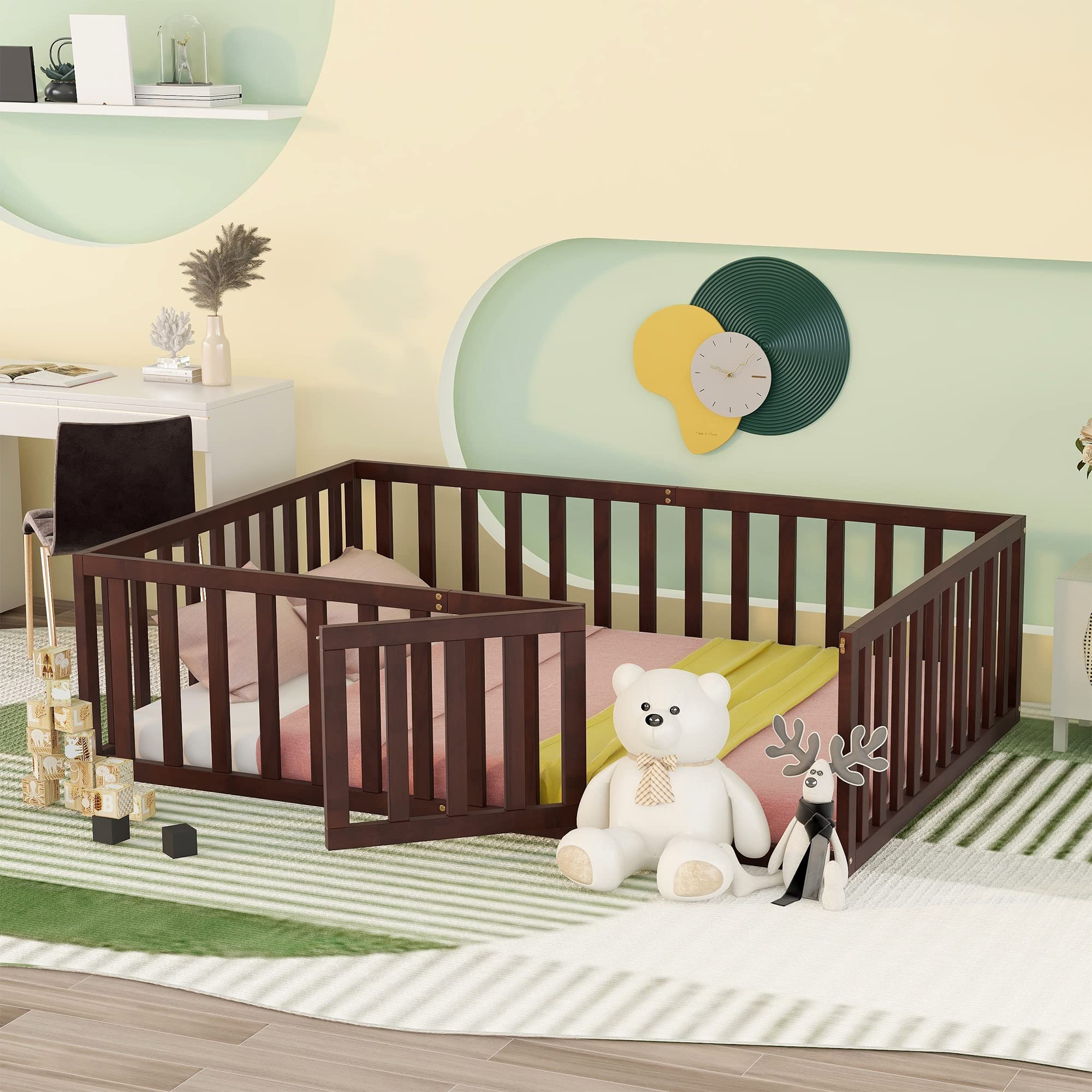 SOFTSEA Full Size Toddler Floor Bed with Safety Fence - Low Profile Kids Bed Frame with Spring Support - Perfect for Montessori Bedrooms & Child Safety
