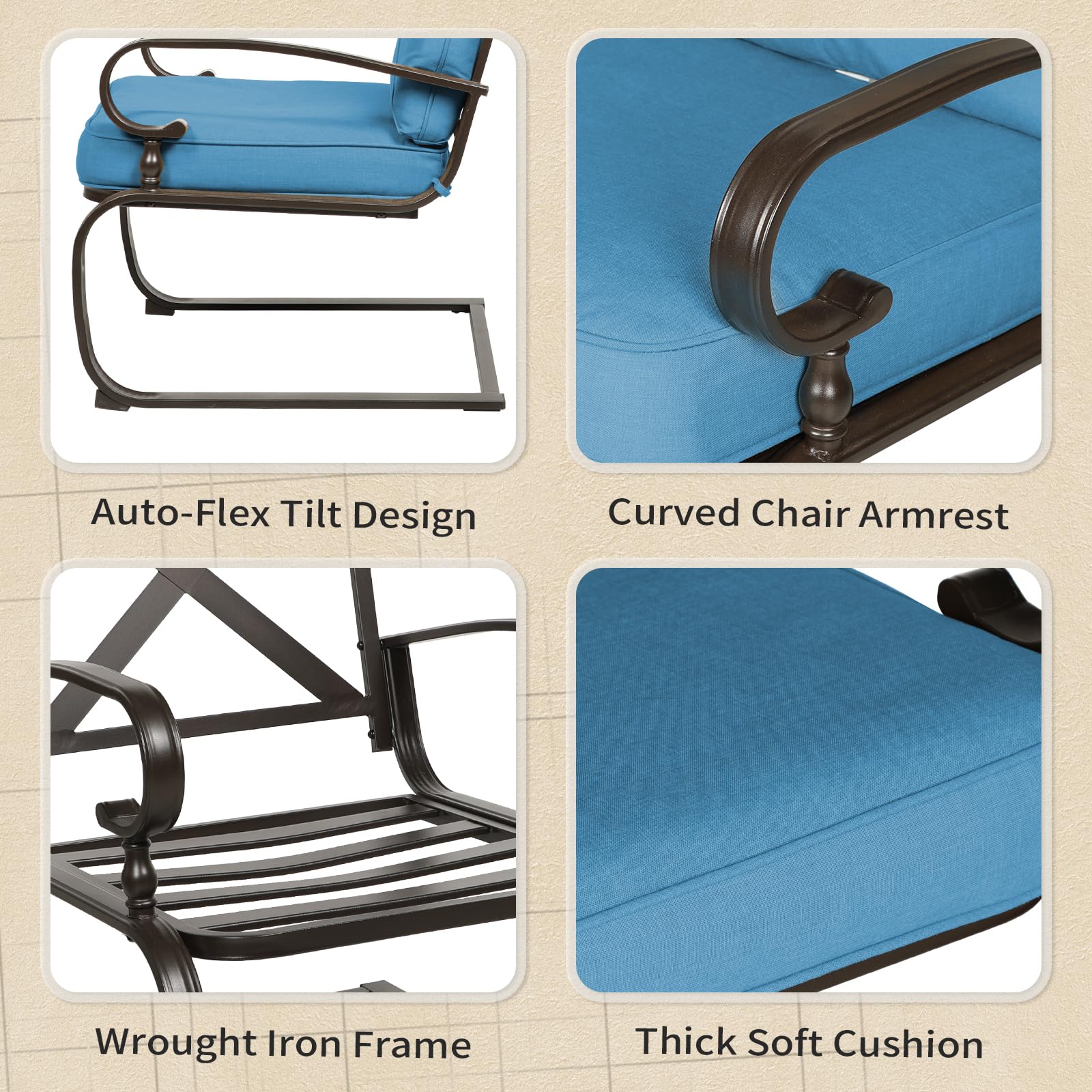 Oakcloud 7-Piece Wrought Iron Outdoor Patio Furniture Set with Cushions (Blue) - Includes Loveseat, Coffee Table, Bistro Table, 2 Spring Chairs & 2 Dining Chairs - Perfect for Garden, Backyard, Poolside or Terrace Relaxation