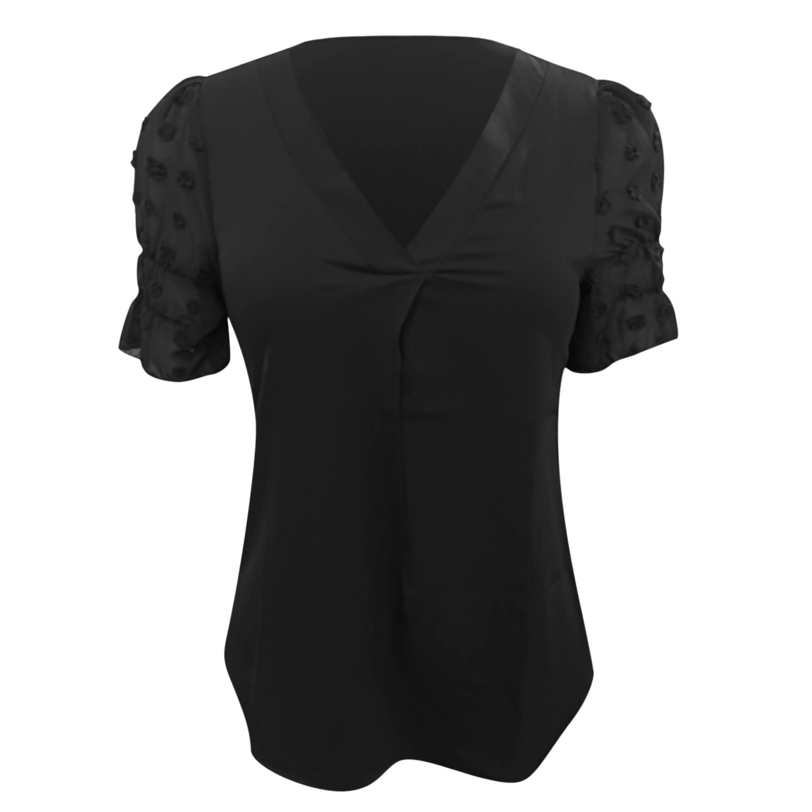 Women's Summer Short Sleeve V-Neck T-Shirt - Chiffon Patchwork Puff Sleeve Casual Top for Women | Perfect for Beach Outings, Date Nights & Everyday Wear
