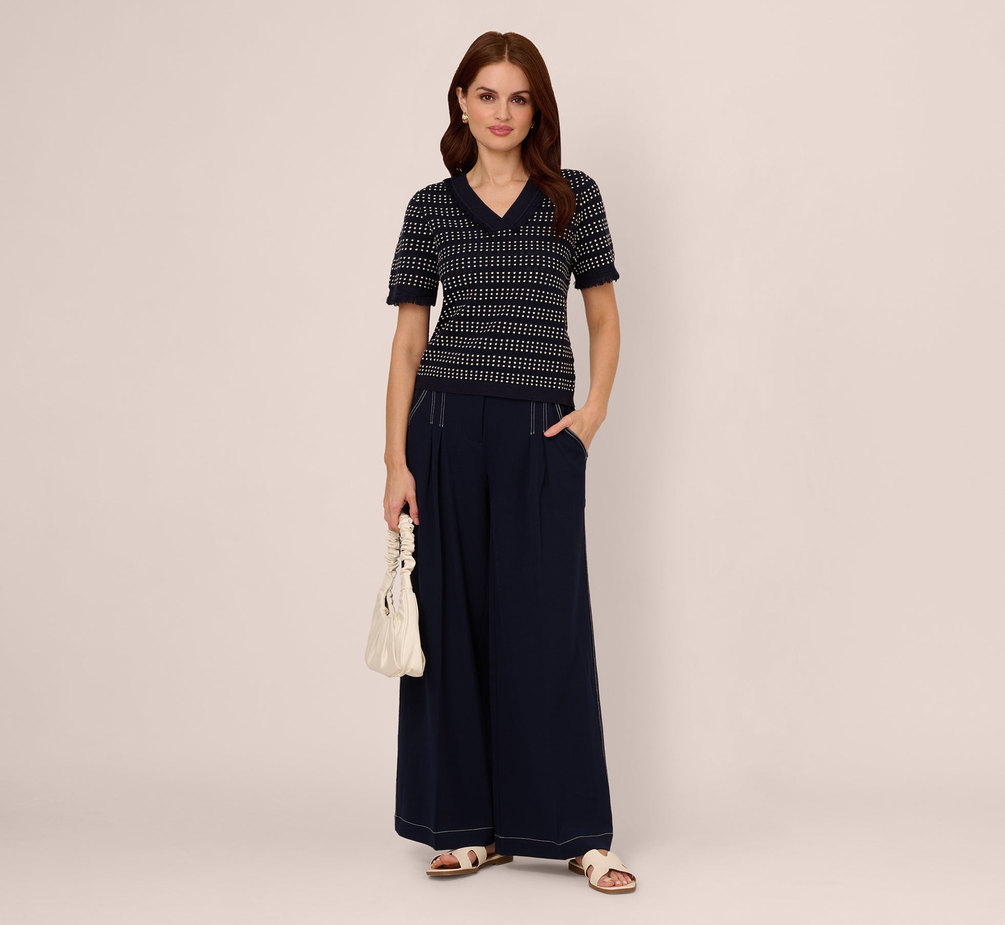 Stylish Navy & Ivory Short Sleeve Grid Knit Fringe Trim Sweater for Women - Perfect for Casual Outings, Date Nights & Fall Layering