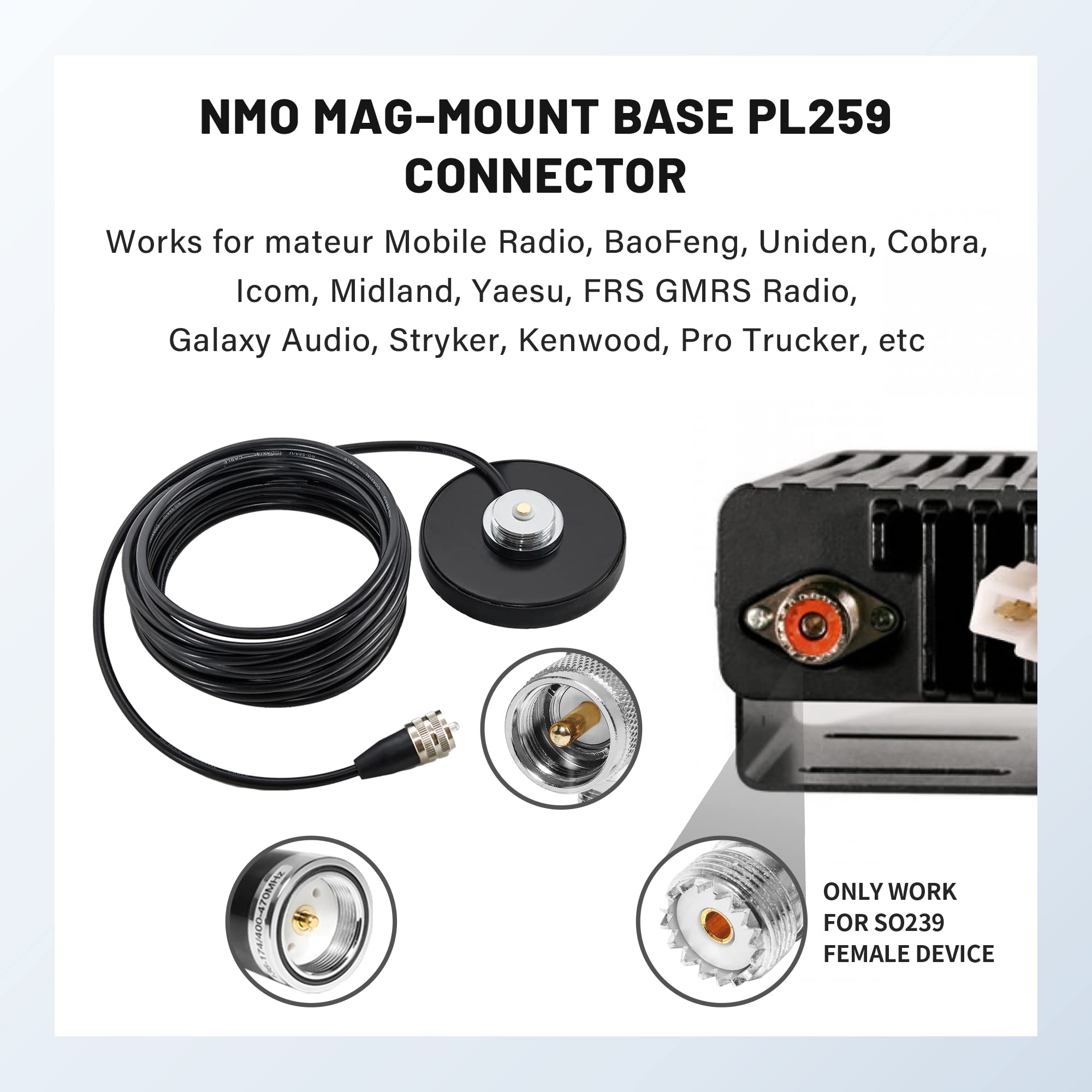 Anina NMO Antenna Magnetic Base Mount with 16.4ft RG58 Coaxial Cable & PL-259 Plug - Heavy Duty CB Ham Radio Antenna for Truck, Marine, VHF Communication - Perfect for Off-Roading, Boating, and Emergency Scenarios