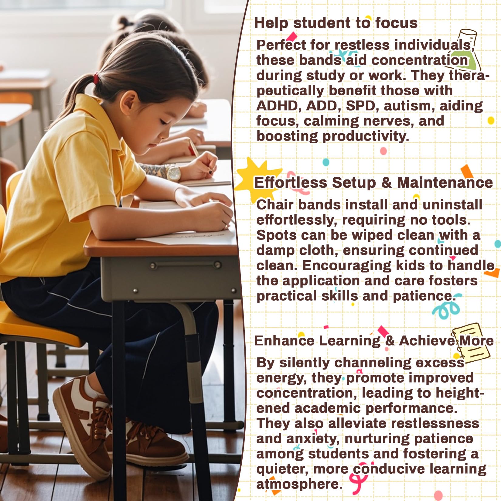 6PCS Chair Bands for Kids with Fidgety Feet - ADHD Sensory Flexible Kick Bands for Classroom Chairs, Under Desk Fidget Tools for Focus & Movement - Perfect for School, Home Study & Sensory Rooms