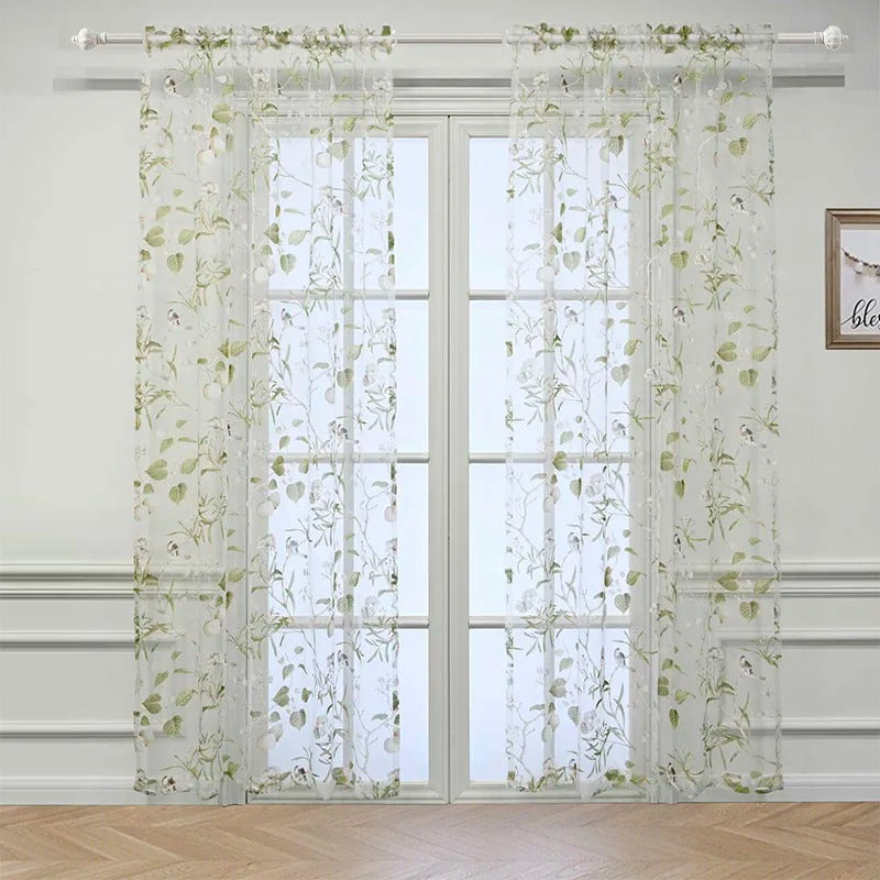 Astor American Country Garden Birds Print Semi-Sheer Curtains - Green | Light Filtering Window Treatments for Living Room & Bedroom