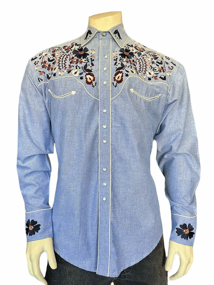 Rockmount 6709 BLU Men's Vintage Floral Embroidered Western Shirt - Blue Cowboy Style Button Up for Country Music Festivals & Rodeo Events