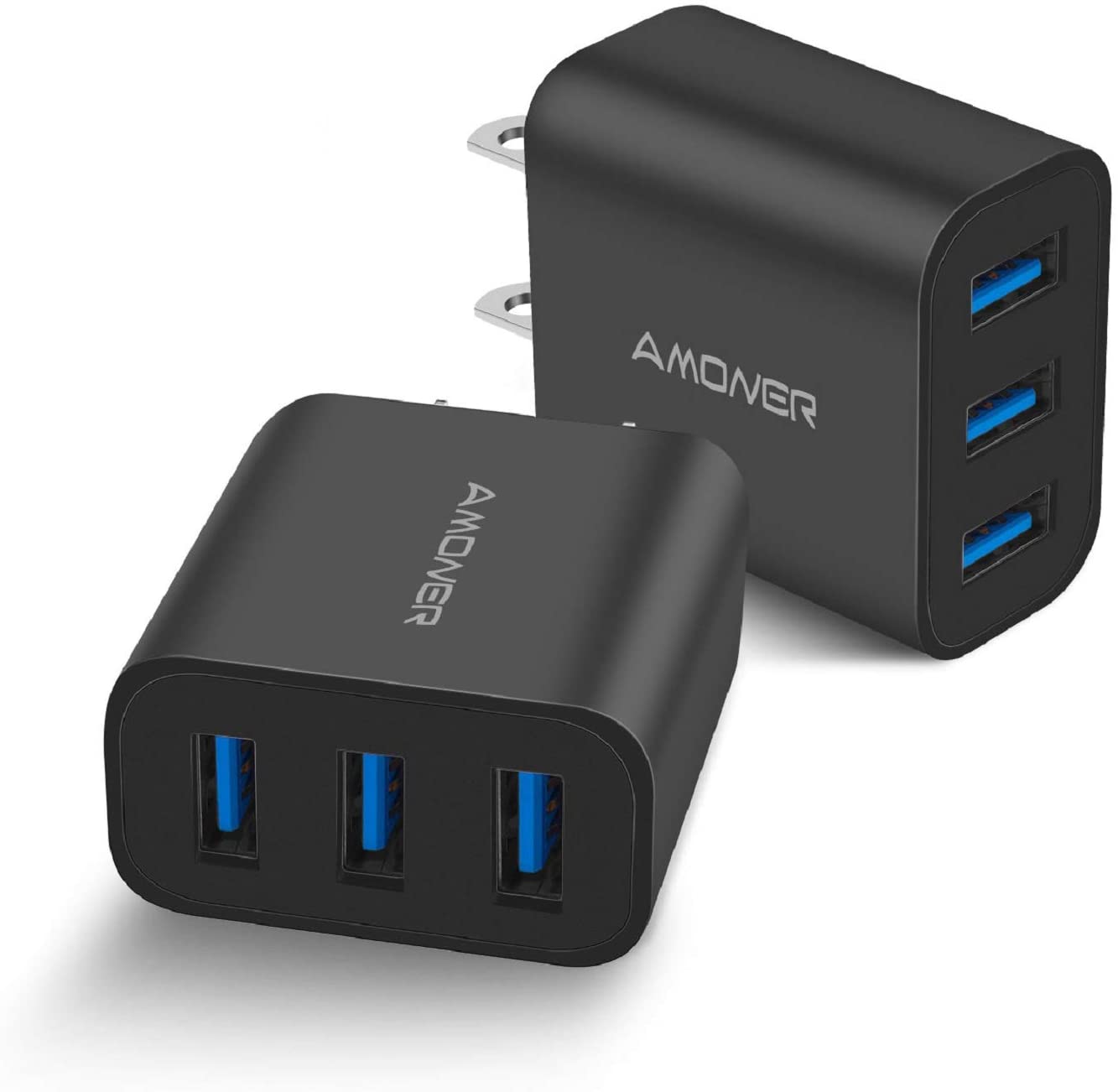 Amoner Upgraded 2-Pack 15W 3-Port USB Wall Charger - Fast Charging Cube Plug for iPhone, Samsung, iPad - Perfect for Travel, Home & Office Use