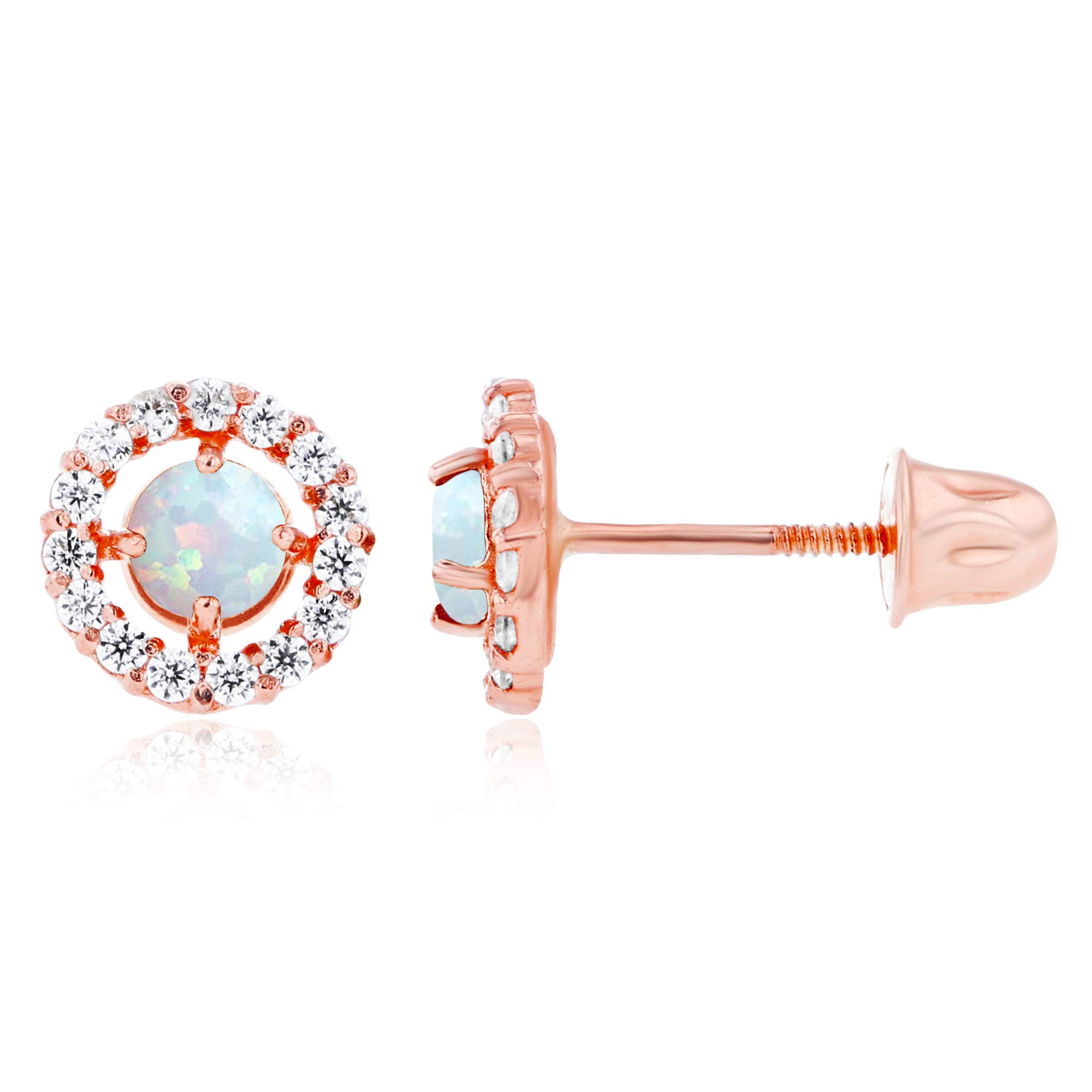 14K Solid Gold 6mm Halo Birthstone Stud Earrings for Women | Natural Gemstone Screw Back Earrings | 3mm Round Birthstone with 1mm White Sapphire Halo | Perfect for Birthdays, Anniversaries & Special Occasions