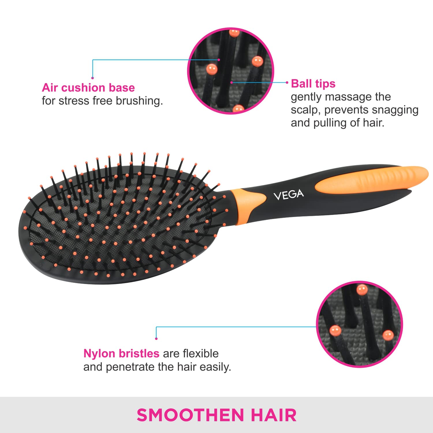 Vega Cushion Hair Brush with Sectioning Clip - India's No.1 Hair Brush Brand for Men & Women (E20-CB) - Perfect for Styling, Detangling & Smoothing Hair at Home or Salon