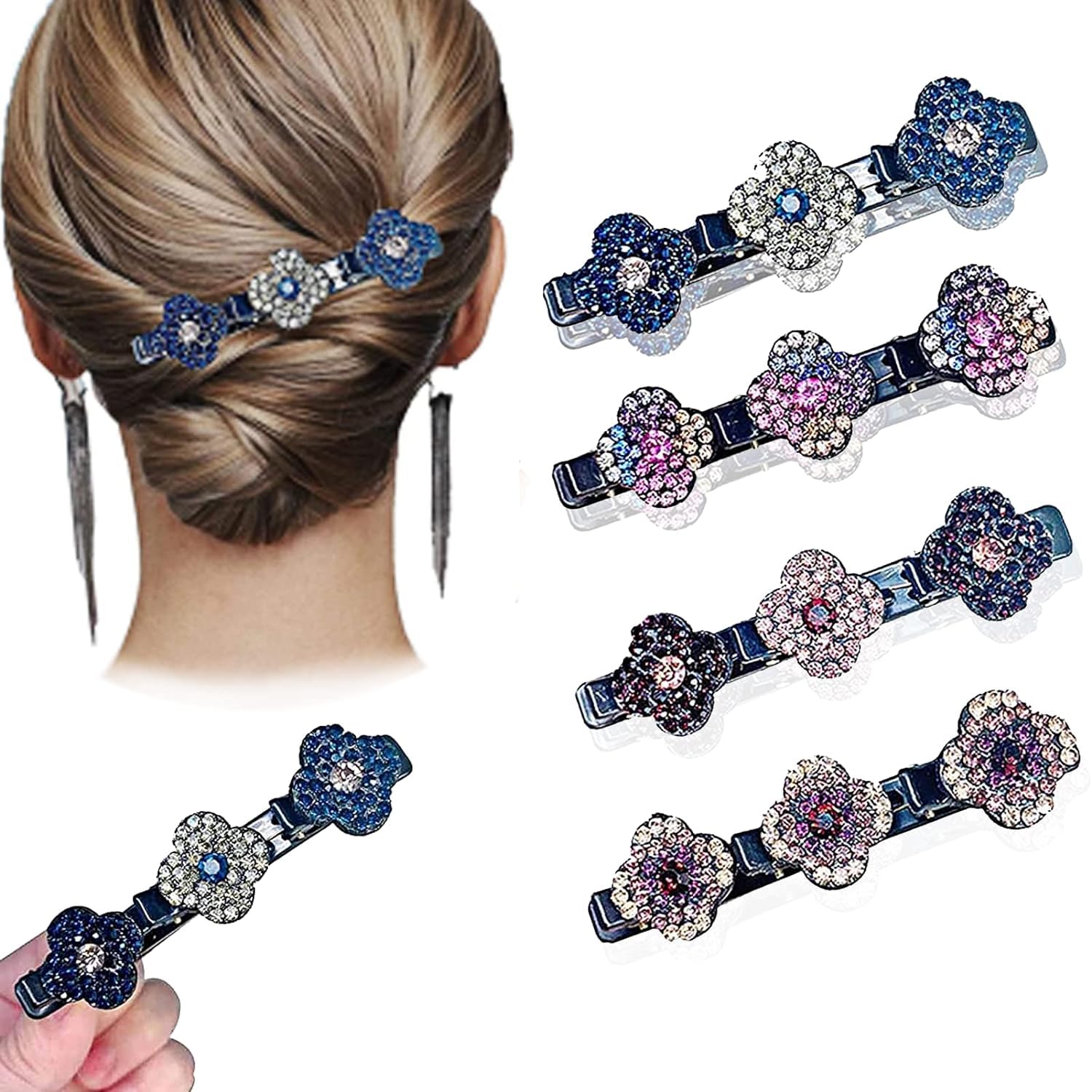 SHIDARA 4-Piece Sparkling Crystal Hair Clips for Women & Girls - Braided Clover Design for Thick & Thin Hair - Multi-Color Hair Accessories for Styling, Sectioning & Everyday Wear - Perfect for School, Work, Parties & Special Occasions