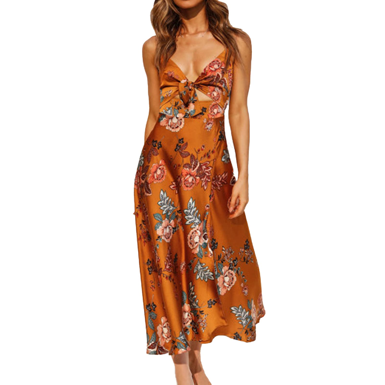 JENPECH Sexy Women's Sling Dress - V Neck Waist Tight Floral Print Spaghetti Straps Slit Hem Maxi Dress for Party, Night Out, Date Night & Summer Vacation