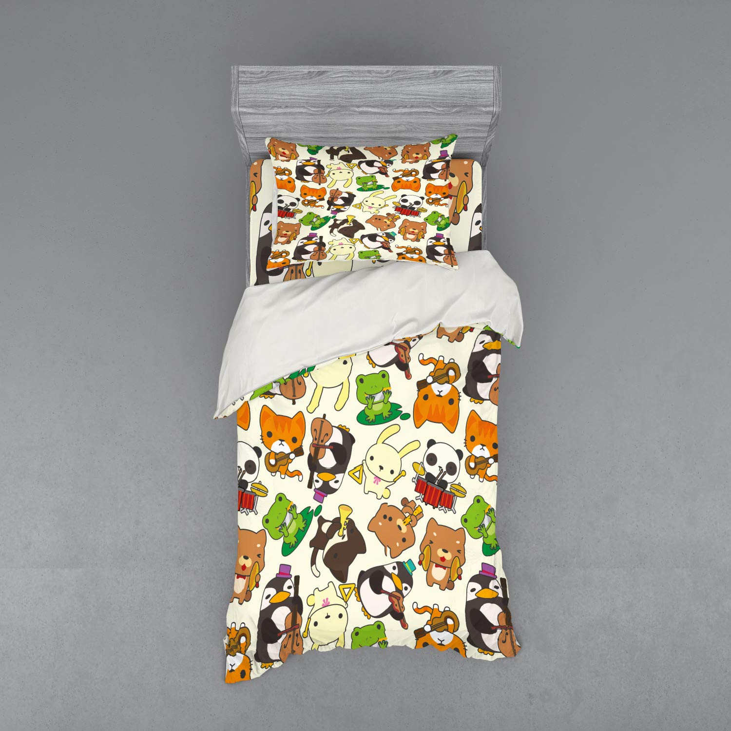 Ambesonne Cartoon Animal Music Band Duvet Cover Set - Penguin on Cello, Cat on Guitar, Panda on Drums Print - 3 Piece Twin XL Bedding Set with Sham & Fitted Sheet - Fun Kids Room Decor for Music Lovers & Animal Fans