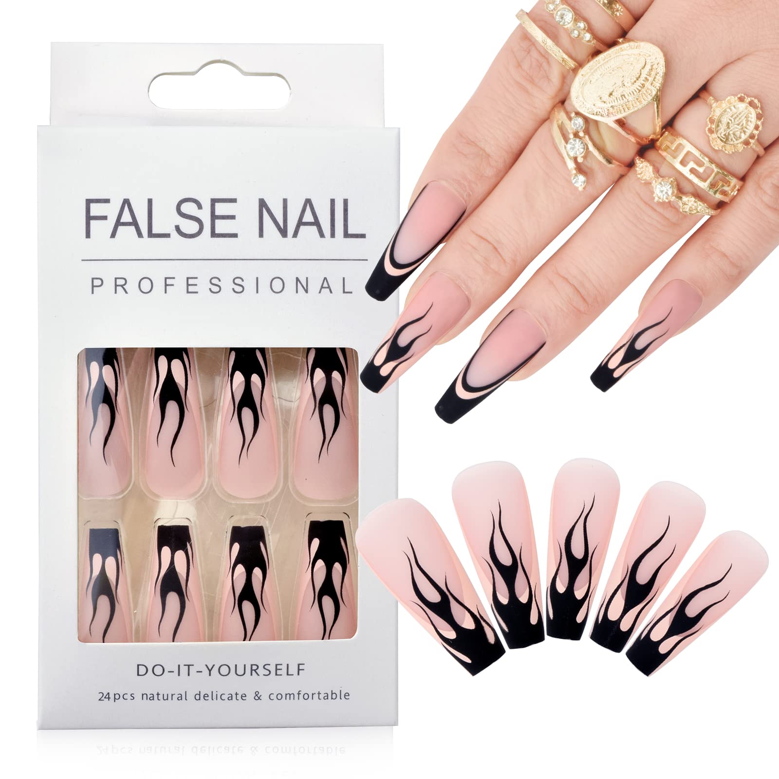 24 Pcs Long Press on Nails - Nude Blue Ribbon Sweet Heart Coffin Fake Nails with Glossy Finish | Includes Nail Glue & Adhesive Tabs | Valentine's Day Nail Art for Women & Girls | Perfect for Parties, Weddings & Special Occasions