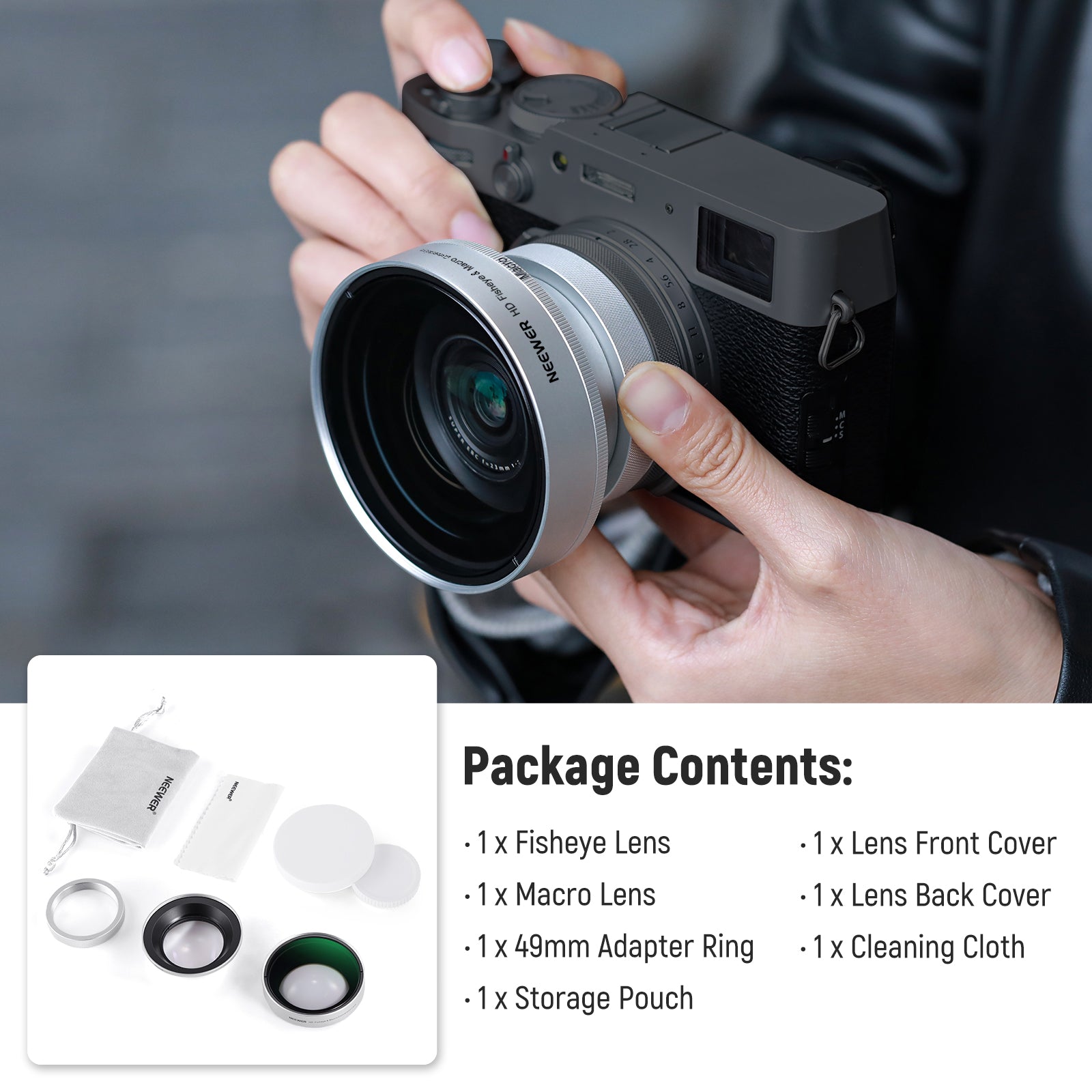 NEEWER LS 46 49mm 0.43x Fisheye & 1.4x Macro Lens for Fujifilm X100 Series Cameras - Wide Angle & Close-Up Photography for Travel, Vlogging, and Creative Shots