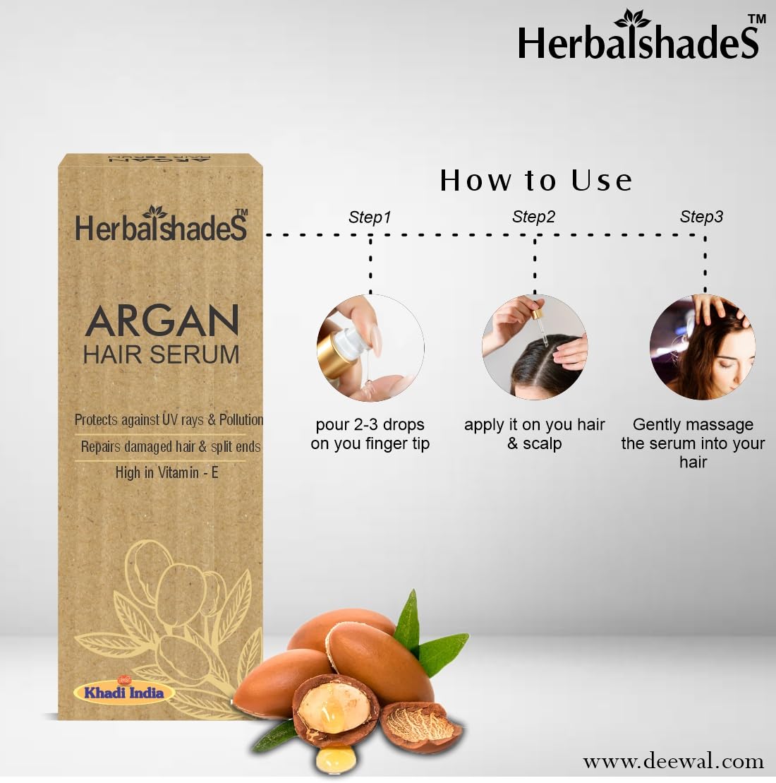 Herbalshades Argan Hair Serum - Vitamin E & Natural Oils for Hair Protection, Repair & Nourishment | Perfect for Dry, Damaged Hair & Daily Styling Care