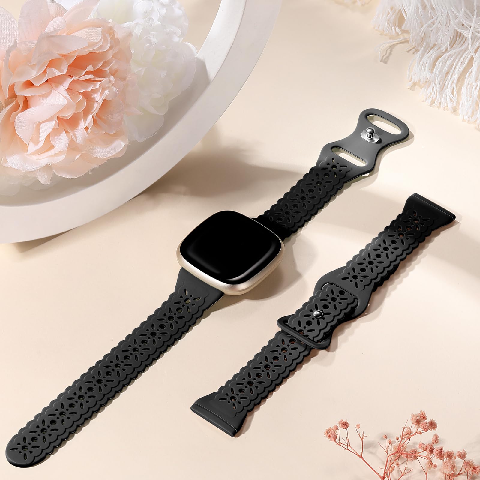 Dirrelo Soft Silicone Hollow-out Sport Strap Compatible with Fitbit Versa 3/Sense/Versa 4/Sense 2 - Breathable Replacement Wristband for Women - Perfect for Workouts, Running & Daily Wear