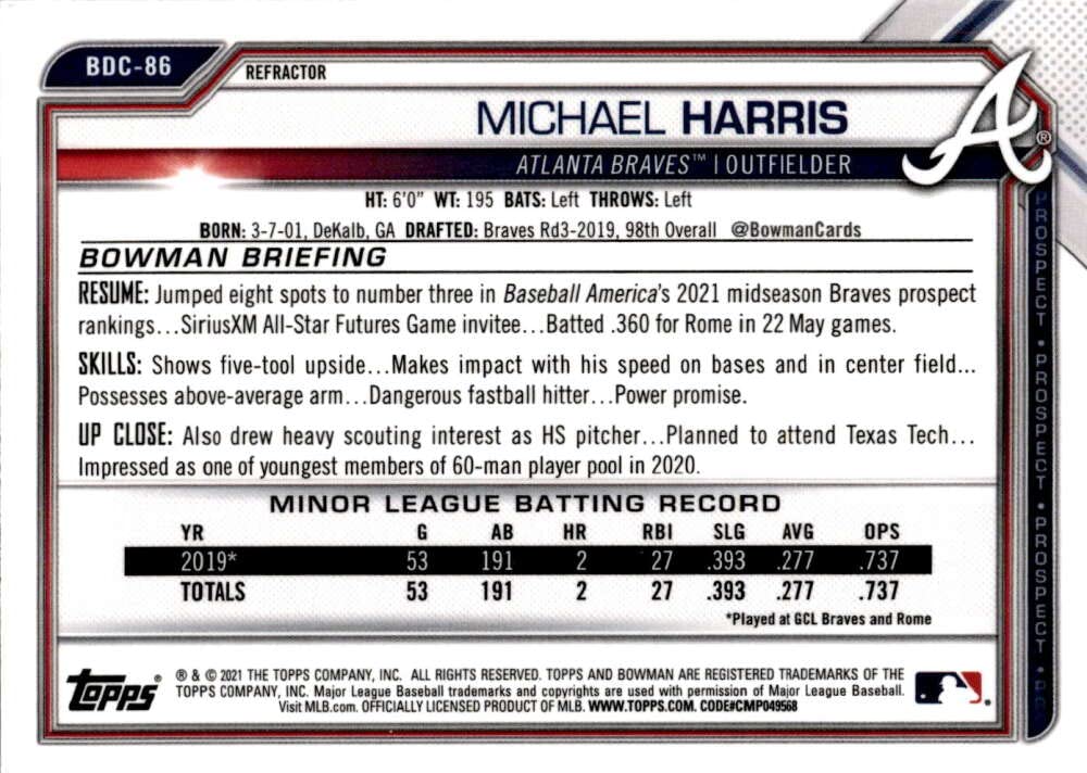 2021 Bowman Chrome Draft Refractor #BDC-86 Michael Harris RC Rookie Card - Atlanta Braves MLB Baseball Trading Card - Perfect for Collectors, Investors & Sports Memorabilia Enthusiasts